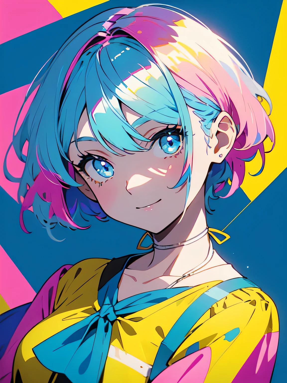 (highest quality, expensive_solve, clear_image, detailed background) ,girl, light blue hair、inner color、bright look、short hair、hair is tied short、Light blue eyes,smile、Pink Hair Accessories、yellow off shoulder innerwear、(sunlight on the face)、(colorful background、bright pop background)