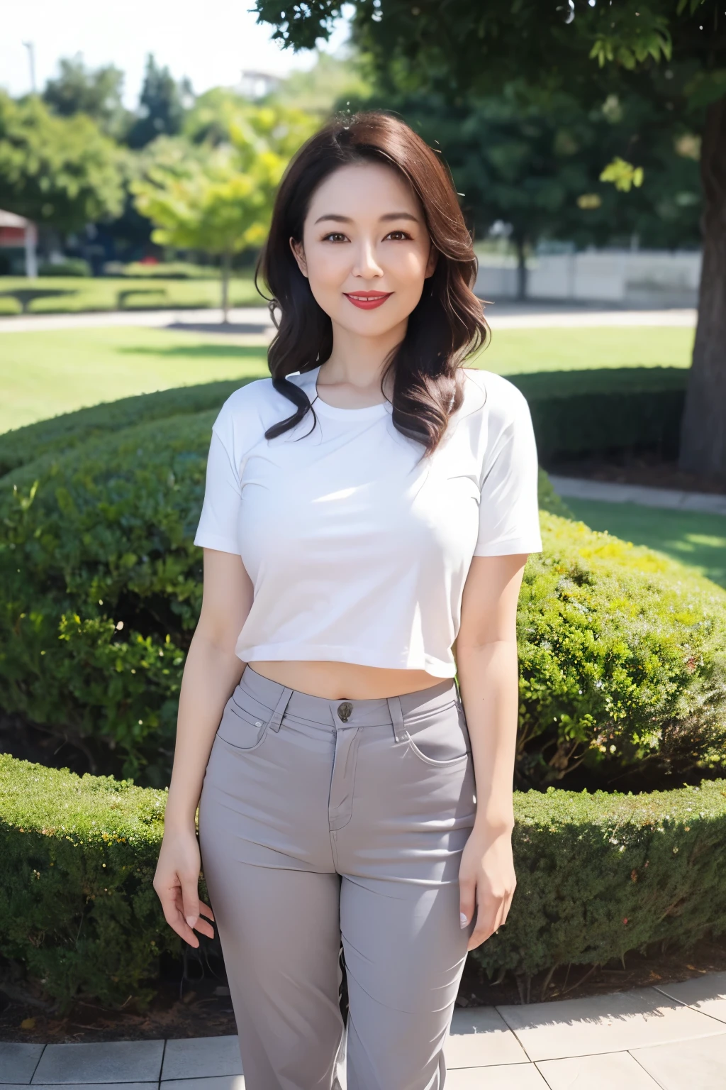 Draw lips correctly, red lipstick, from chest up, best quality, Super detailed, lifelike, Super fine skin, perfect anatomy, (1 日本Mature的女人), (alone),Wear a white crew neck shirt,short sleeves,gray pants,wavy long hair,37-year-old female,Mature,charming smile,outdoor background,stand,Leg length,Chubby,Big breasts,stand up,full-body shot