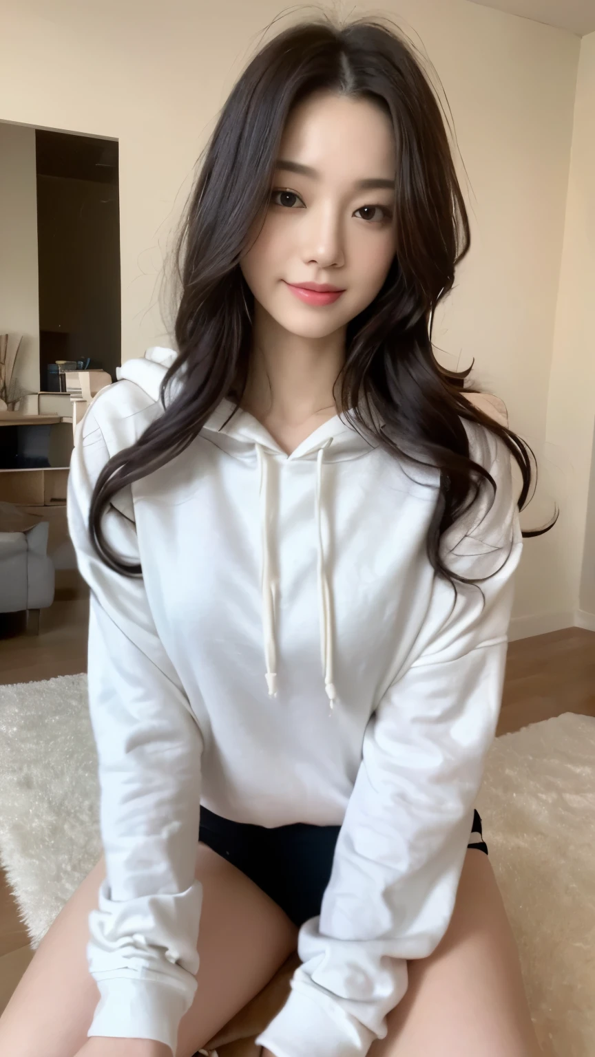 ((top-quality、8k、masterpiece:1.3))、Beautiful woman with perfect body:1.4、slim abdomen:1.2、Longhair, normal breast, Highly detailed facial and skin texture, A detailed eye, delicate eyes, double eyelid, (smile), (full body shot), ((shopping mall)), (sitting on the bench 1.1), ((wearing hoodie)), looking in front