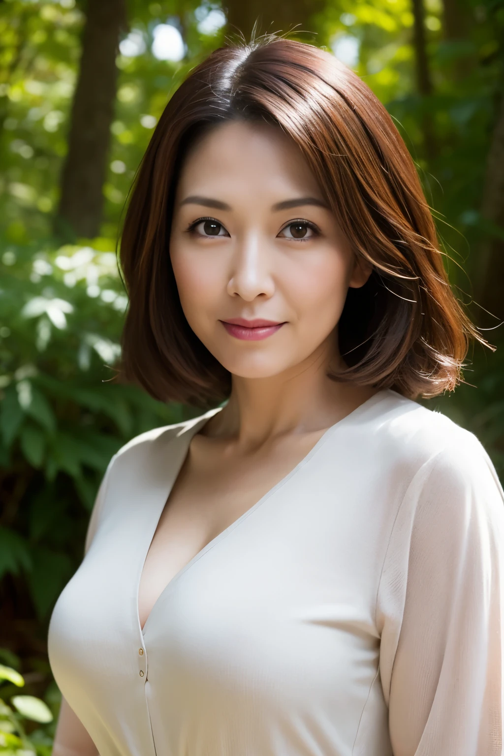 dark brown hair, light brown eyes, japanese woman, 40 years old, intricate details, highest quality, ultra high resolution, (detailed eyes), (detailed facial features), HDR, 8K resolution, terrace in the forest, moderate sized breasts, cleavage, wearing a thin blouse shirt, short hair