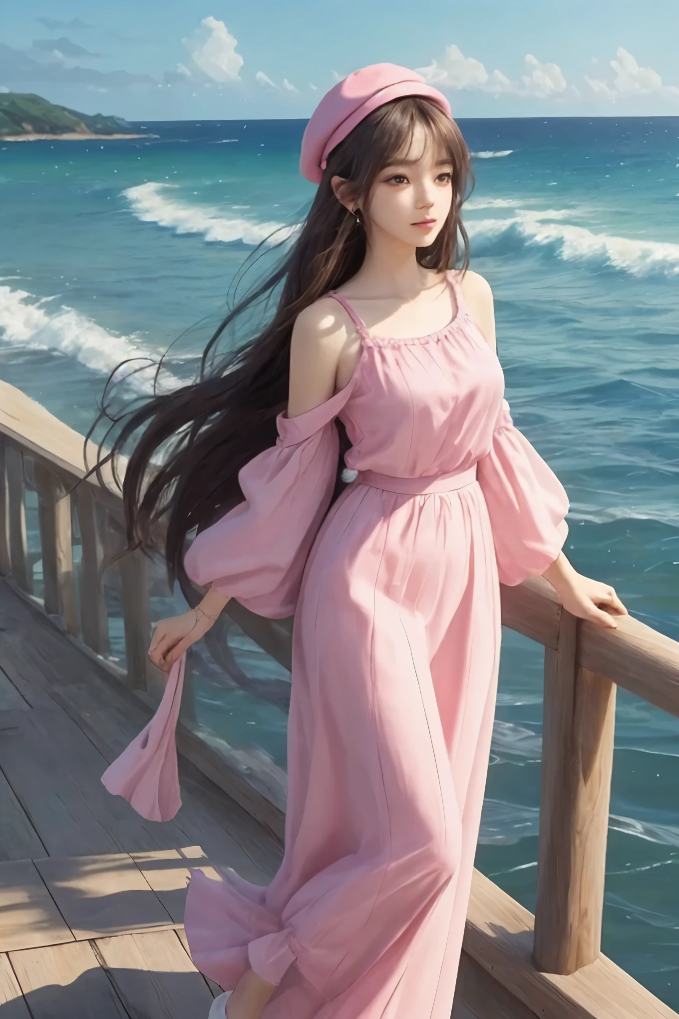 In the captivating 3D cartoon scene, a cute beauty with long, radiant hair sits confidently by the seaside. She proudly dons a pink top and a matching pink hat, complementing her trendy fashion sense. The flowing long skirt billows gently in the wind, capturing the essence of the new trendy portrait. The panoramic view showcases a stunning, large aperture of the tranquil seascape, adding depth and dimension to the illustration.

With a vibrant color palette that localizes this work as a Pop Mart production, the character boasts a delicate luster. The clean background allows the beauty's complete character body to shine, with the