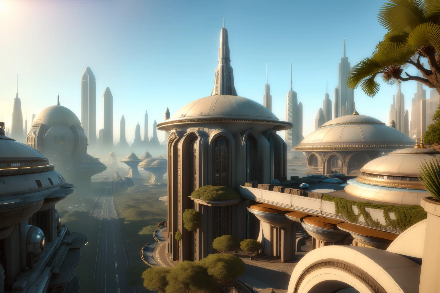 Futuristic city, utopia, clean, classic architecture, beautiful plants, wide streets, flying cars, domed roofs, clear skies