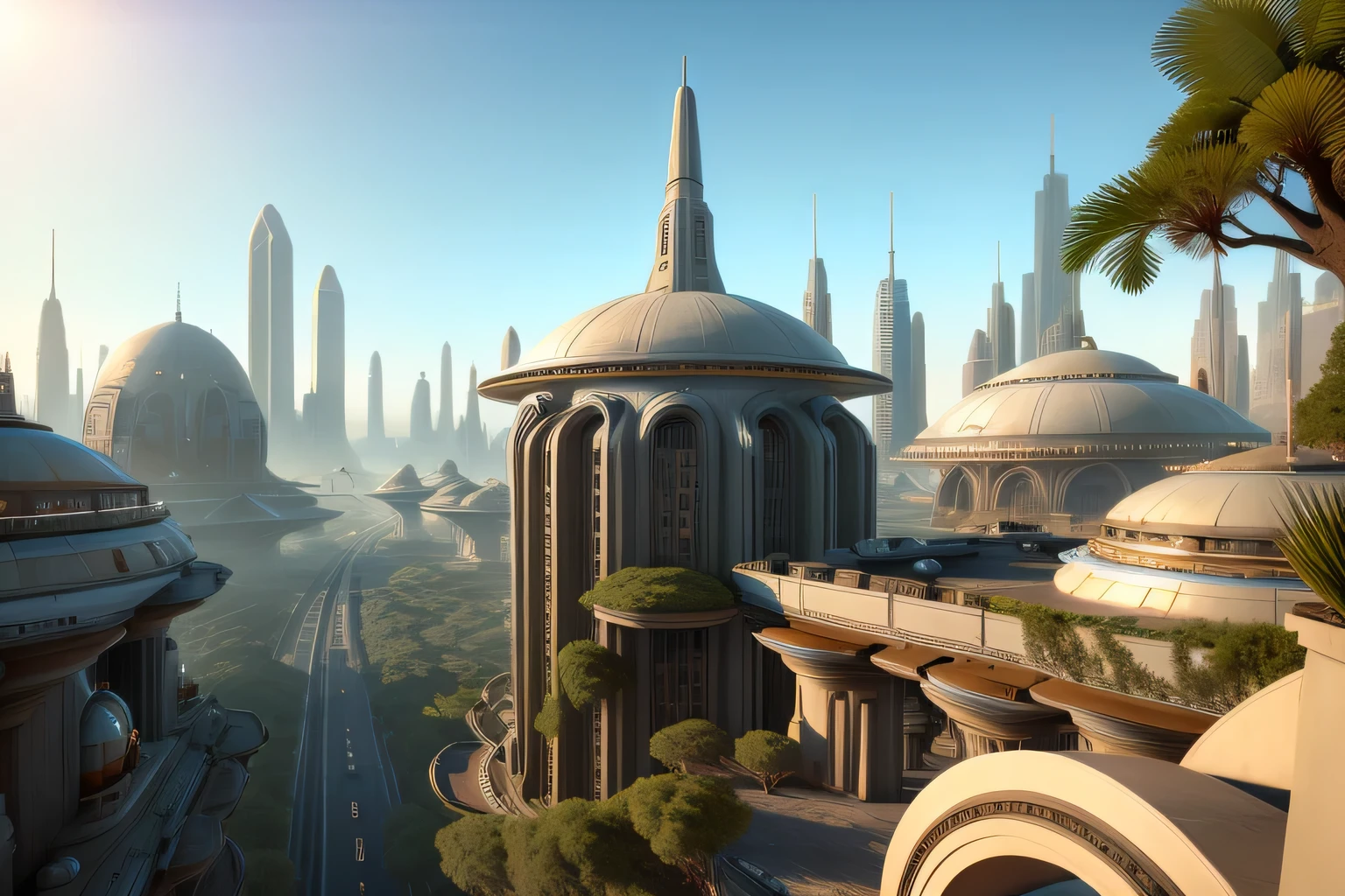 Futuristic city, utopia, clean, classic architecture, beautiful plants, wide streets, flying cars, domed roofs, clear skies