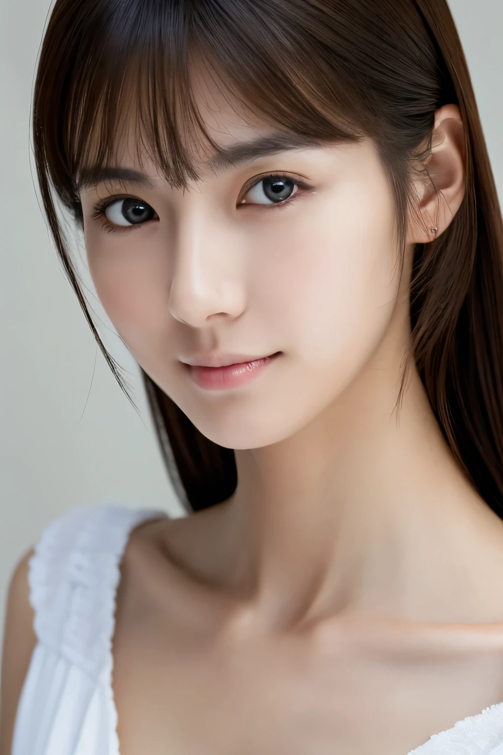 Masterpiece, Best Quality, Photorealsitic, Ultra-detailed, finely detail, high resolution, 8k wallpaper, Professional, high level of detail, 1girl in, Skinny Japanese woman, ((Facing the front)), Detailed clavicle, face perfect, straight hair, (look straight at a camera)