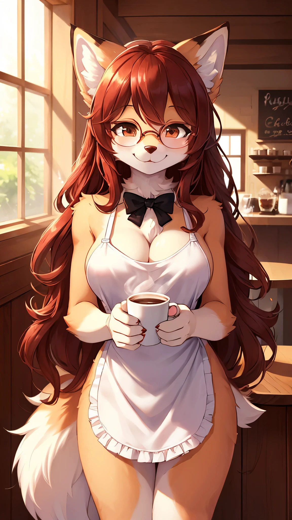 best quality,best resolution,(fluffy anthro furry :1.6),fox girl,medium breasts,red long hair,wavy hair,messy hair,naked white apron,round glasses,cleavage,side ,black ribbon bowtie,beautiful coffee cafe,white sunlight,happy face,looking at viewer,smile,heart eyes,hold a coffee cup