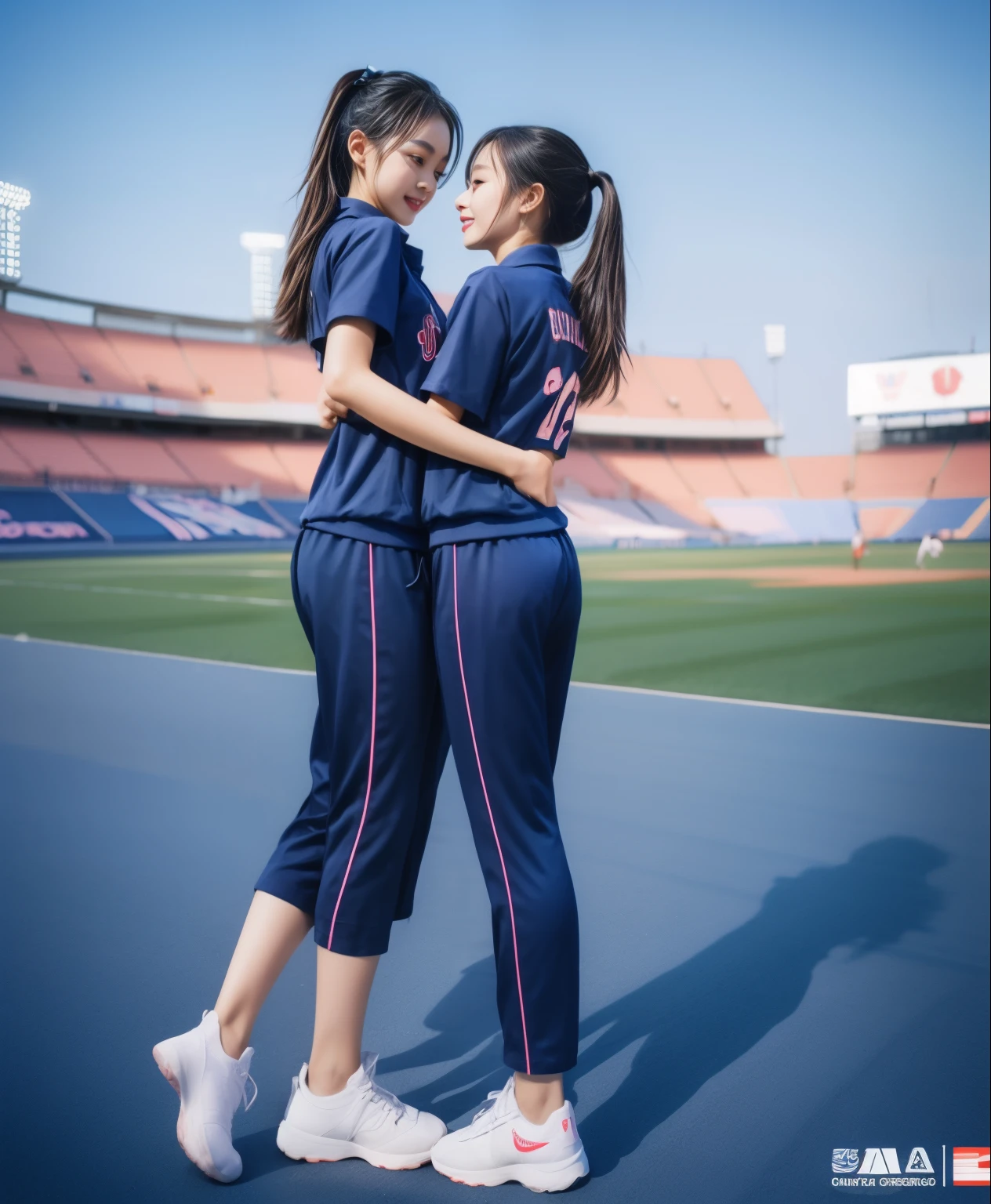 (best quality,10,10,height,Masterpiece:1.2),Special details,(realistic,ภาพrealistic,Realistic photos:1.37),1 cute girl on the football field,shiny, ผิวshiny,only,smile softly,BDclothelue shirt:1.3)),short sleeve,shirt, กางเกงขาlong.,(navy_long_track pants:1.1), ((stadium background:1.3)),Dynamic angle,excited,Face focus,dynamic poses,from behind,focus on ass,Masterpiece, best quality, ultra realistic, hyper-detail, 8K resolution, raw photos, Sharp focus, ((Navy blue shirt:1.1)), short sleeve, เส้นทางlong, perfect body, 2 mature women, 18 years old, Cinema-grade lighting system,blue sweatpants,shirtผ้าออกกำลังกาย,correct anatomy,perfect body, correct body, Sharp face, correct bodyทางกายวิภาค, full body, realistic gestures, long-haired, realistic poses,Wear long shorts................................,ช่วงขาlong,Good shape,carved girl, Slender figure, model, Good shape, beautiful body,blue sweatpants, two girls kissing