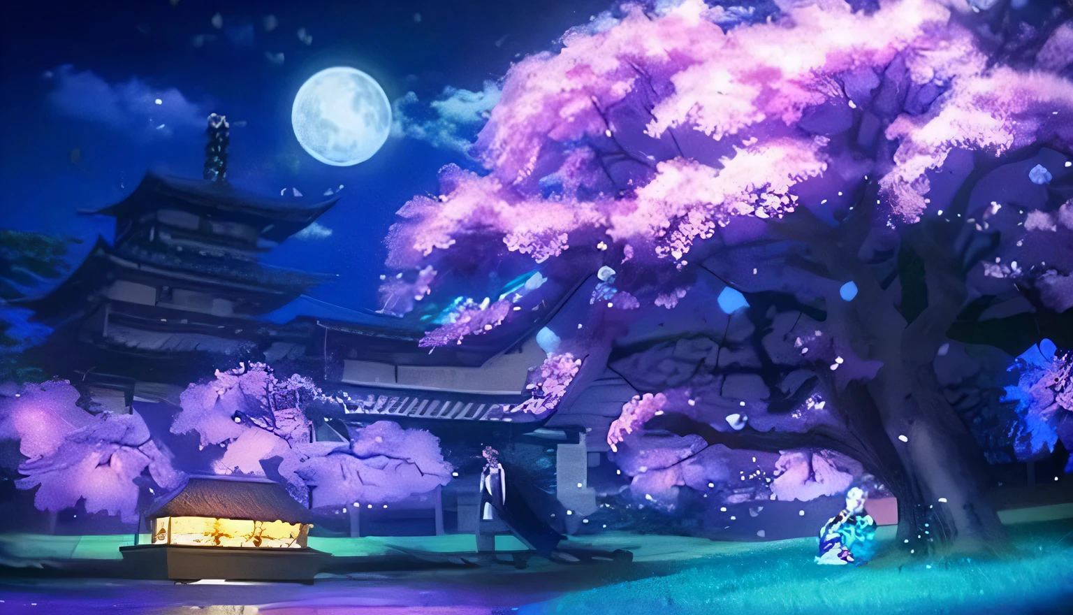 A woman wearing a kimono standing under a cherry tree。The kimono is based on purple.。umbrella for kimono。It feels like the cherry blossoms are about to fall。