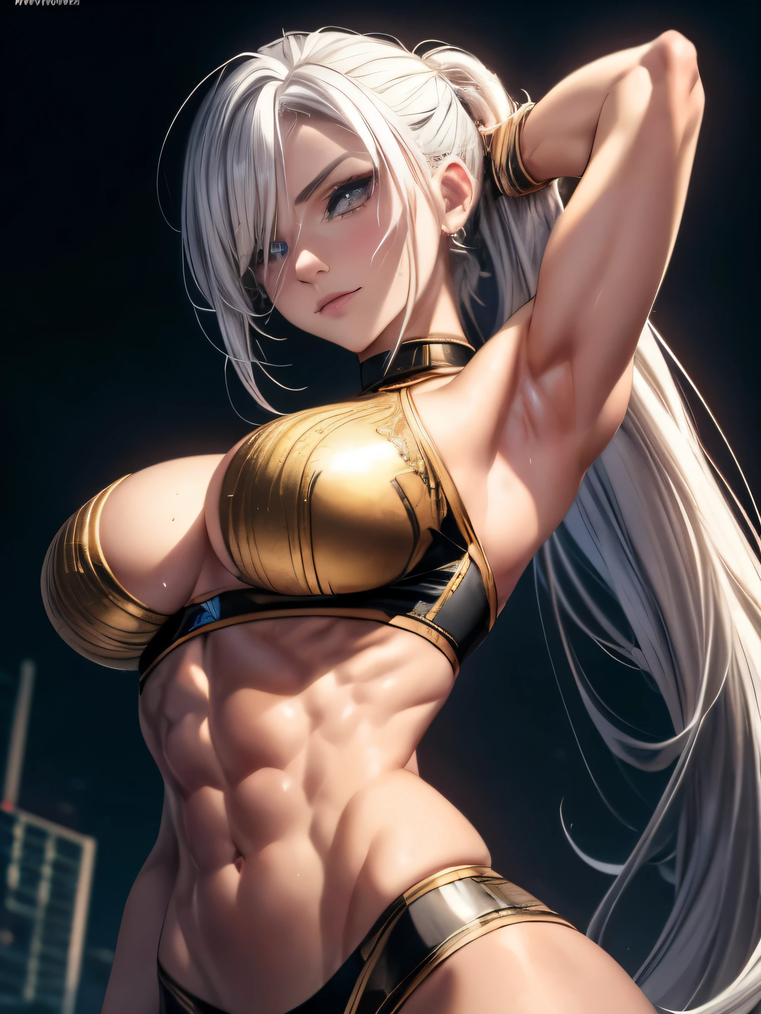 Hmm, masterpiece, textured skin, Super detailed, advanced details, high quality, 最high quality, High resolution, 16k, dynamic lighting, high contrast, rembrandt lighting, detailed beautiful face and eyes, anime, absurdres, incredibly absurdres, High resolution, texture, 1 girl, perfect face, enchanting smile, shiny hair, ponytail, very long hair, Platinum Gold Hair, hair above one eye, highly detailed eyes, deep red eyes, long term, Tsurime, thin eyebrows, long eyelashes, abs, beautiful abs, bulging abs, abs彫刻, toned abs, thick abs, biceps bulge, shining body, A chest that is about to burst, underboob, black skin, high gloss skin, fine skin, wet skin, beautiful armpits, smooth armpits, underarm cutouts, focus on the side, dynamic angle, turn your arms behind your back, elaborately designed clothes, choker, earrings, from below, Impressive muscle outline and toned arms, Strong upper body and sculpted shoulders, well-defined six pack, abs like marble,並外れたabs