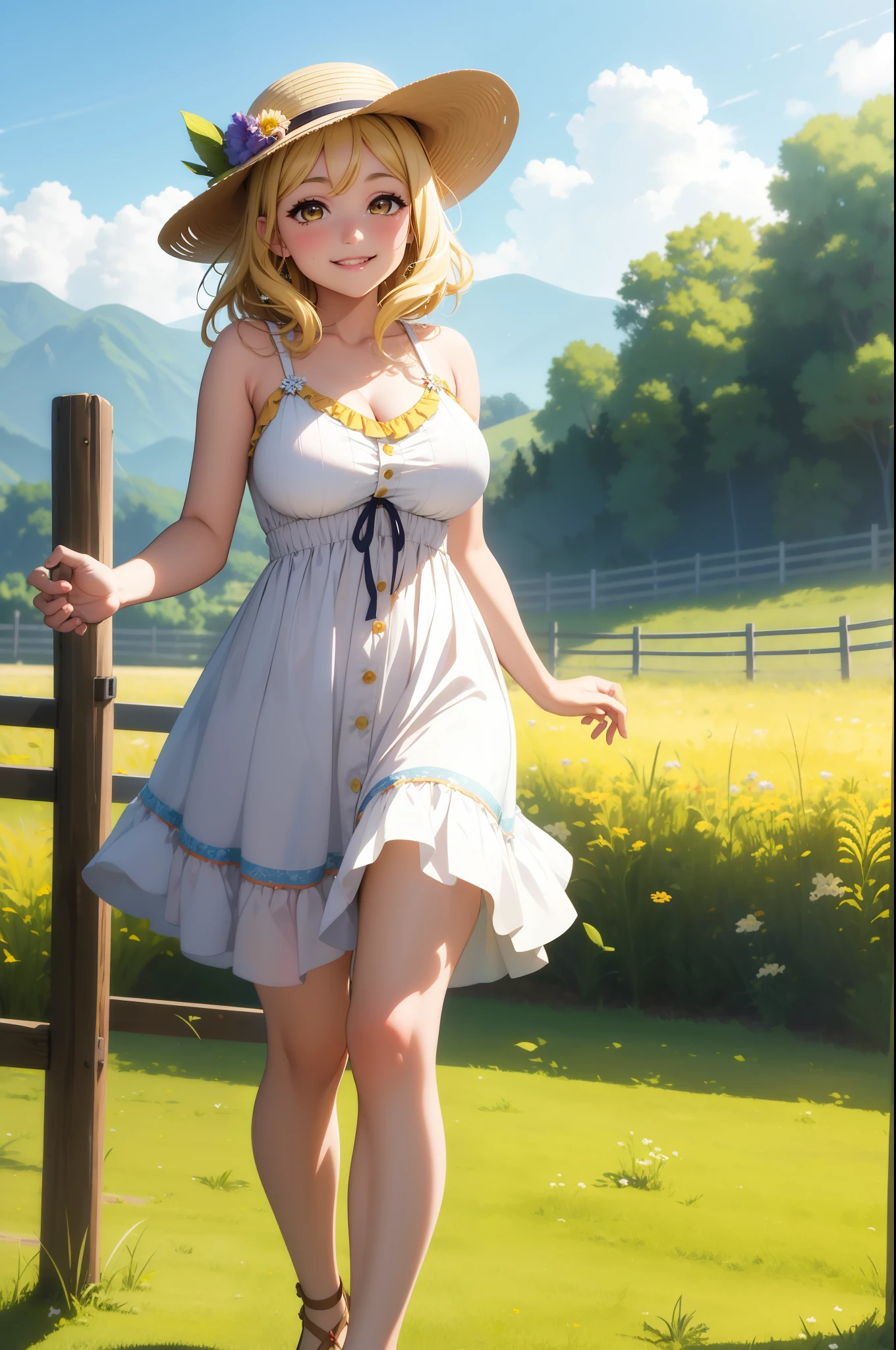 (Masterpiece, Best Quality, High Quality),volumetric lighting, illustration, beautiful, Mari Ohara, smile, bangs, blonde_hair, hat,sundress, standing, full_body, yellow_eyes, outdoors, medium_hair, white_dress, sandals, grass,Farm, wooden fence,big breasts 