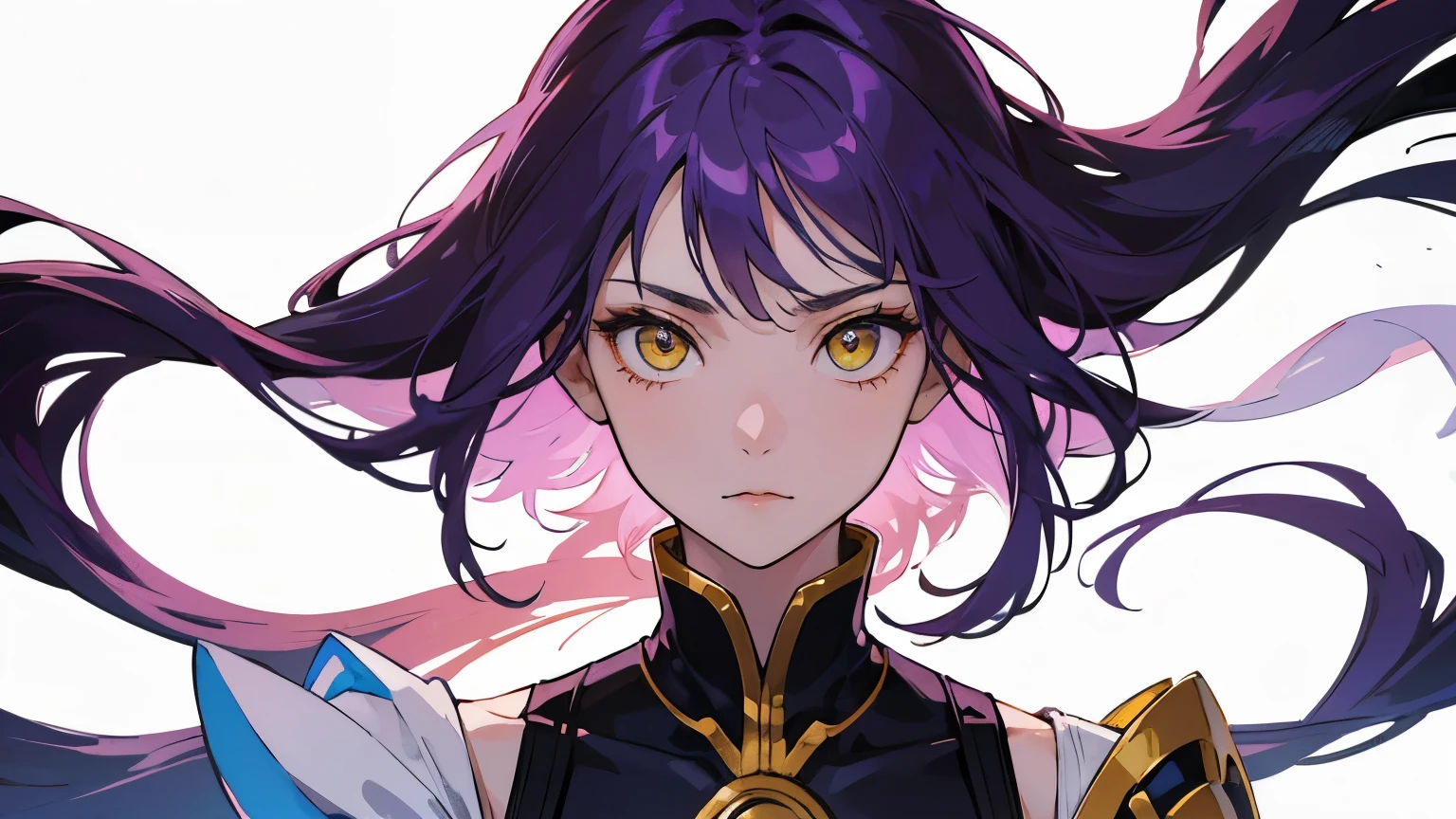 woman,fantasy,white background,purple hair,universe,looking at the camera,whole body,yellow eyes,front