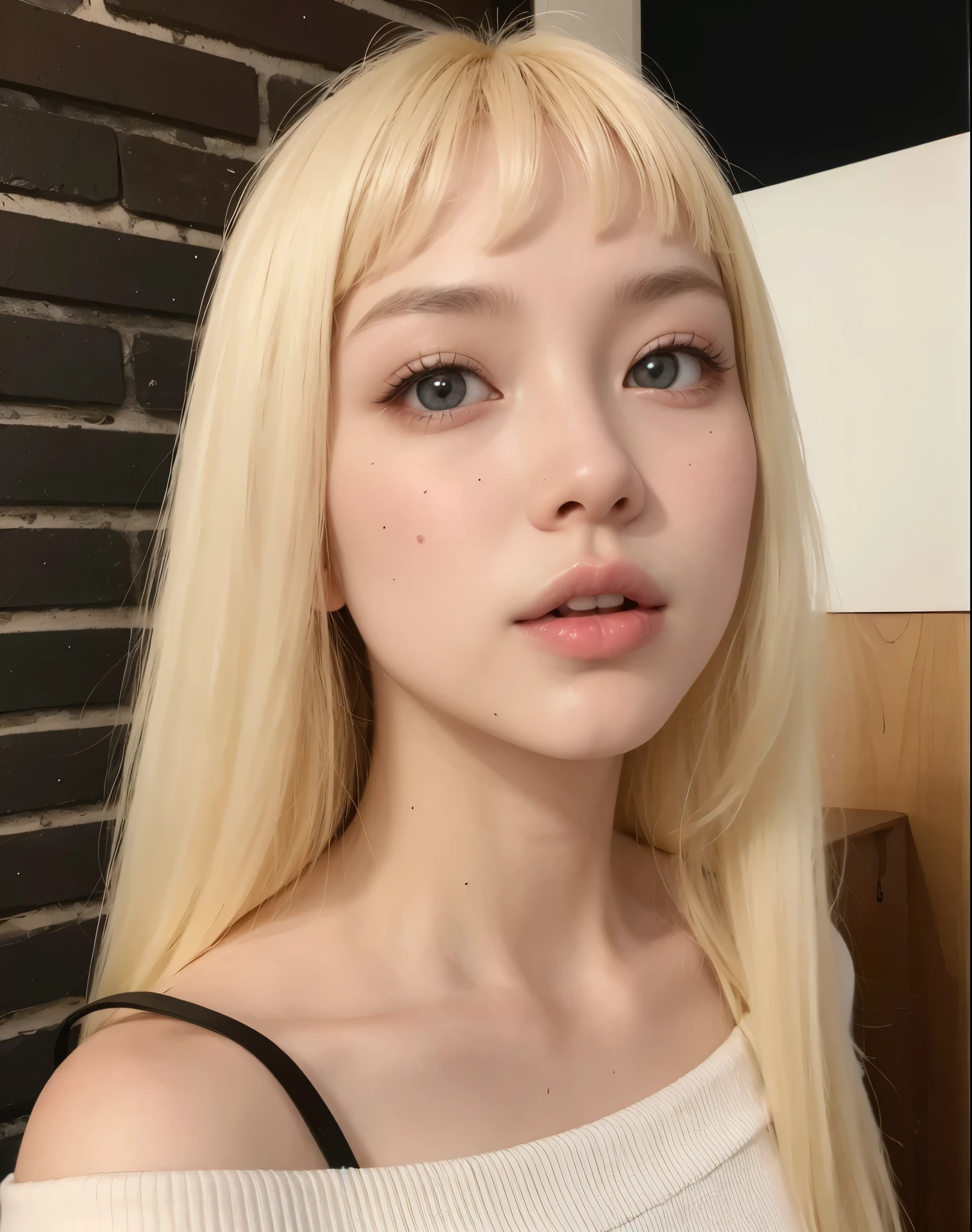mulher loira com cabelos longos e olhos azuis posando para uma foto, pale round face, longos cabelos loiros e olhos grandes, young lovely korean face, Retrato realista kawaii, Retrato de jennie do Blackpink, coreana, cabelo loiro muito claro, cabelo loiro e olhos grandes, jennie, cabelo loiro extremamente claro, retrato suave fotografado em 8k, jennie blackpink, lisa blackpink
