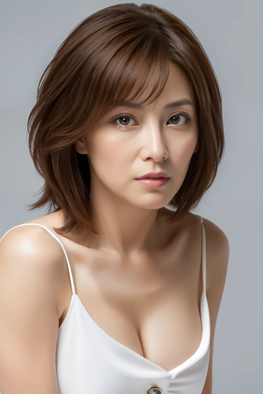 highest quality, masterpiece, High resolution, Photoreal, sharp, Raw photo, 8k wallpaper, Flawless, professional lighting, very detailed, Depth of the bounds written, one beautiful woman, Japanese, mature, 40 years old, sexy, detailed face, beautiful eyes, bangs, well-shaped small breasts, light brown straight hair, faint lips, look at the viewer, serious face eyes, white dress, cowboy shot