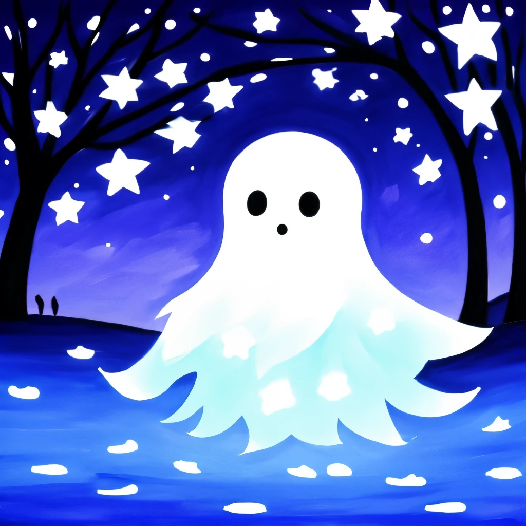Drawn with a marker、(Cute ghost that shines blue)、full screen size、A ghost is floating with its hands out