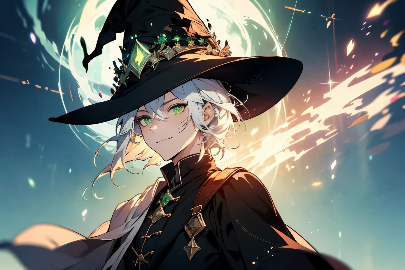 (ultra-detailed, perfect pixel, highres, best quality, beautiful eyes finely detailed), male, wizard, full of magic aura, smirk facial expression, sharp green eye color (glowing green eyes), white hair, black middle age outfit, witch point hat, elegant, the background is full of magical particles. lens flare, glowing light, reflection light, motion blur, 8k, super detail, accurate, best quality, Ray tracing.