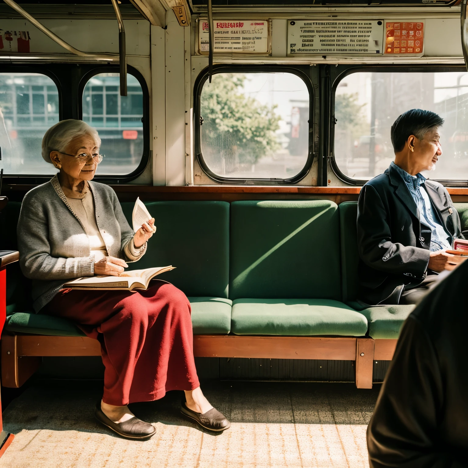 an old woman handing a peanut to the guy who is reading a book in front of her and they are riding in a bus