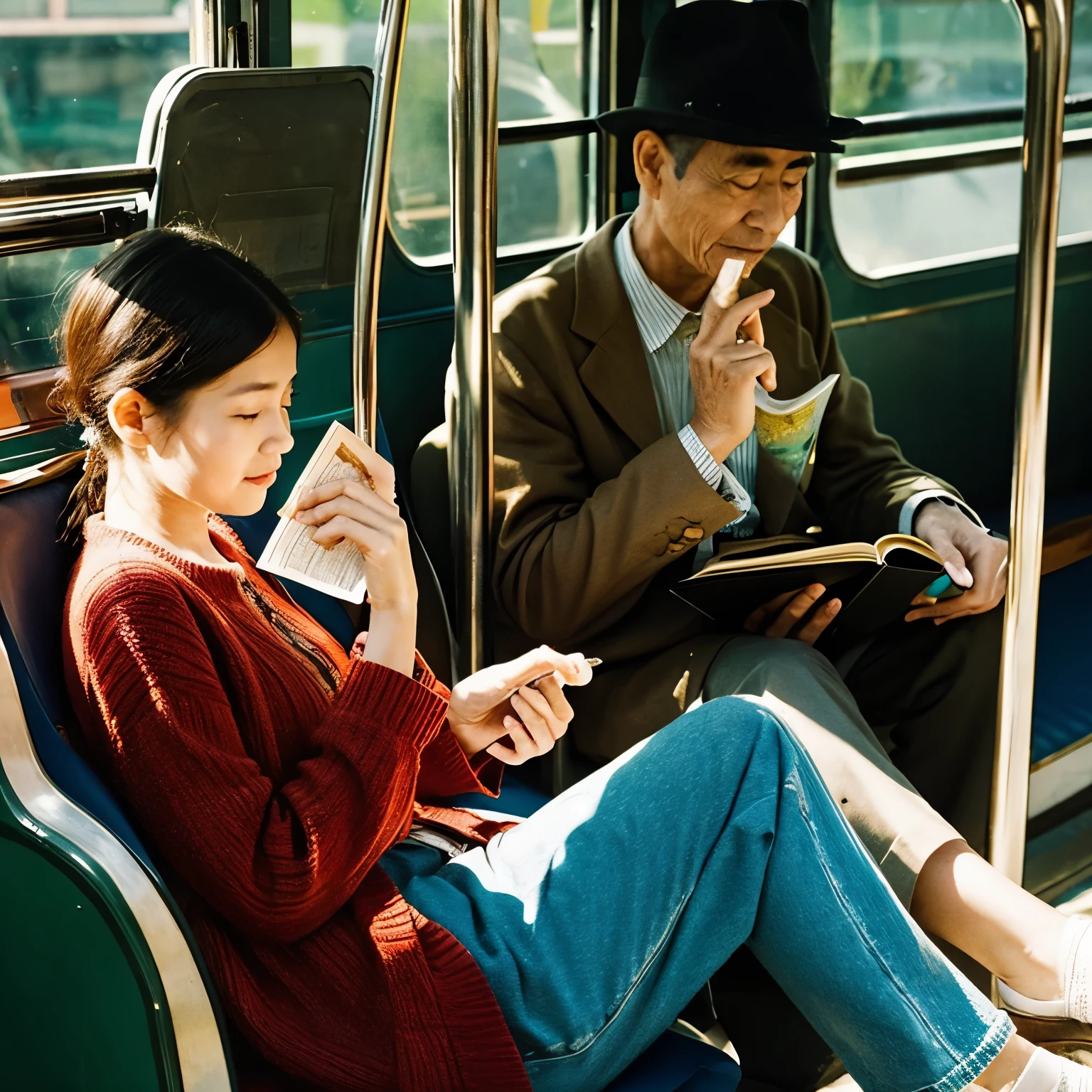 an old woman handing a peanut to the guy who is reading a book in front of her and they are riding in a bus