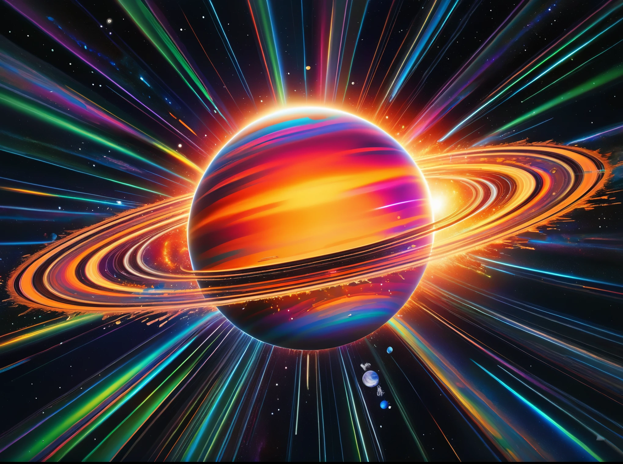 a brightly colored planet，There is a circle of stars in the background, beautiful space planet neon, Planets with rings, dark neon color universe, ringed planet in the sky, cosmic and colorful, big planet in background, planet in space, beautiful space planet, planets and stars, Exploding planet in the background, planets colliding, saturn, Sunny rainbow galaxy rough sea