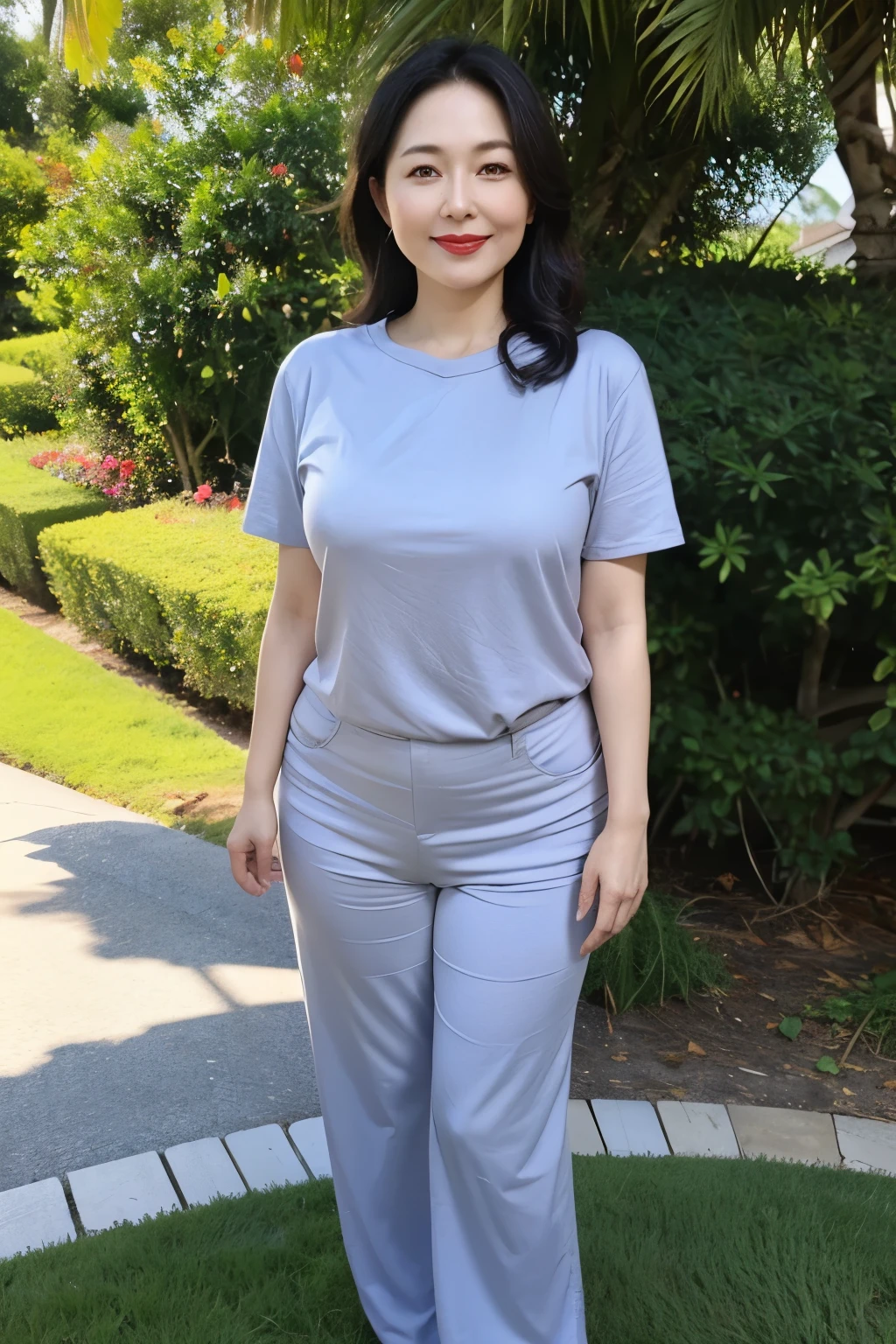 Draw lips correctly, red lipstick, from chest up, best quality, Super detailed, lifelike, Super fine skin, perfect anatomy, (1 日本Mature的女人), (alone),Wear a blue crew neck shirt,short sleeves,gray pants,wavy long hair,37-year-old female,Mature,charming smile,outdoor background,stand,Leg length,Chubby,Big breasts,stand up,full-body shot