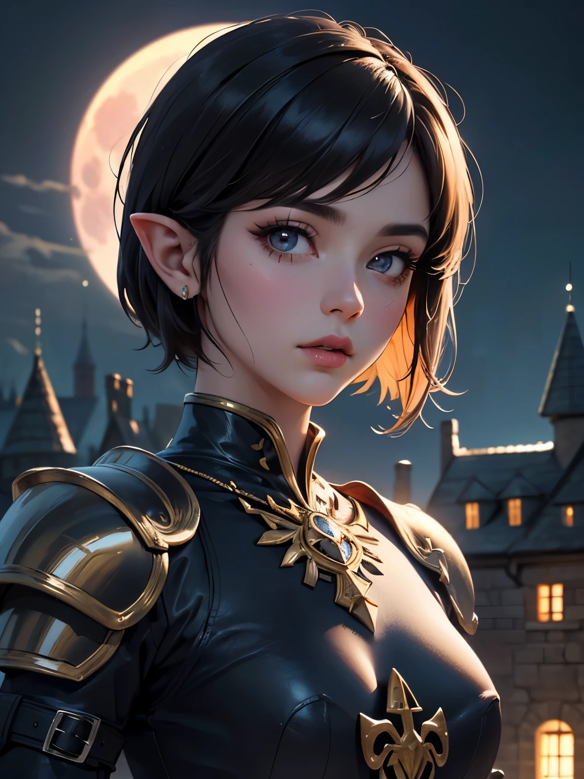 (((Best Quality))), ((Ultra-detailed)), (extremely detailed photo), ((extremely delicate and beautiful)),(Cute delicate face), ((masterpiece)), perfect anatomy, intricate, (highly detailed), masterpiece, photorealistic, (A 20 years old dignified girl),(blue and black armor), (Hyrule Castle in the background), ((crimson full moon night)),(upper body),(holding glowing weapon),tall girl,black hair,alone,short hair, looking at viewer, double eyelid,delicate skin,slender body shape,more_details:-1, more_details:0, more_details:0.5, more_details:1, more_details:1.5