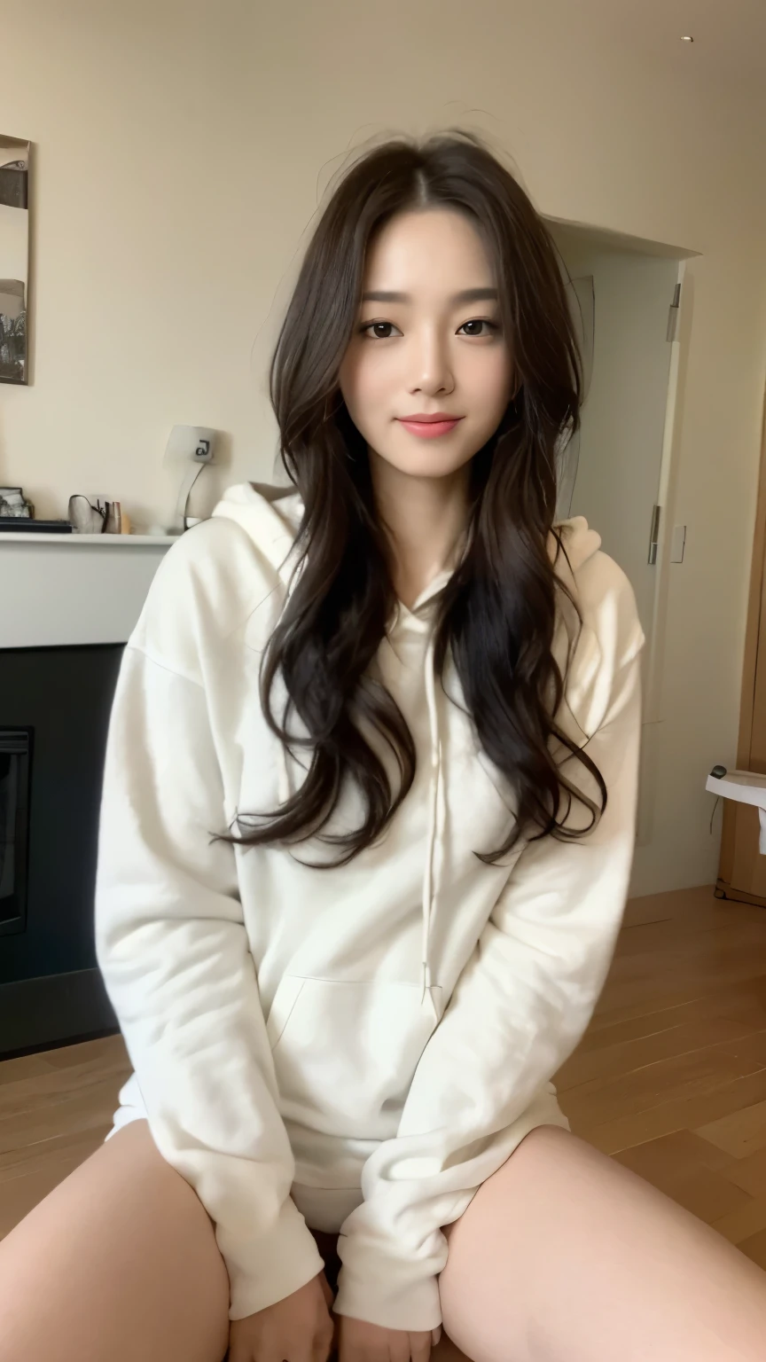((top-quality、8k、masterpiece:1.3))、Beautiful woman with perfect body:1.4、slim abdomen:1.2、Longhair, normal breast, Highly detailed facial and skin texture, A detailed eye, delicate eyes, double eyelid, (smile), (full body shot), ((living room)), (sitting on chair), ((wearing white hoodie)), looking in front