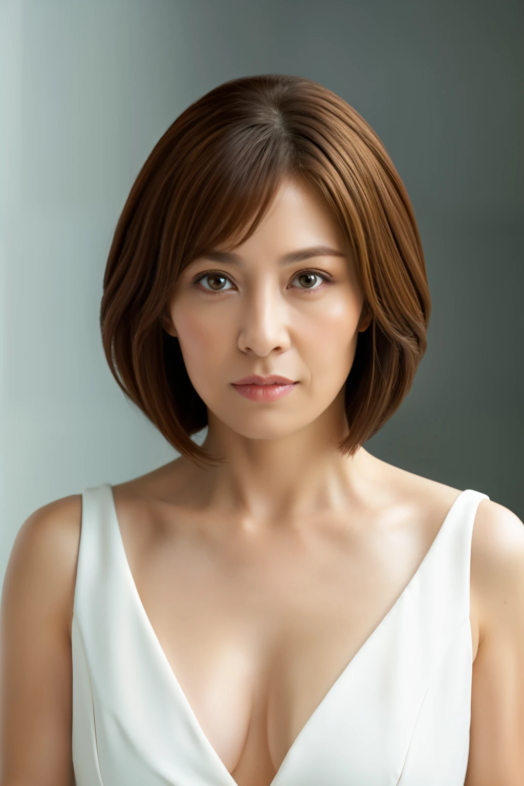 highest quality, masterpiece, High resolution, Photoreal, sharp, Raw photo, 8k wallpaper, Flawless, professional lighting, very detailed, Depth of the bounds written, one beautiful woman, Japanese, mature, 40 years old, sexy, detailed face, beautiful eyes, bangs, well-shaped small breasts, light brown straight hair, faint lips, look at the viewer, serious face eyes, white dress, cowboy shot