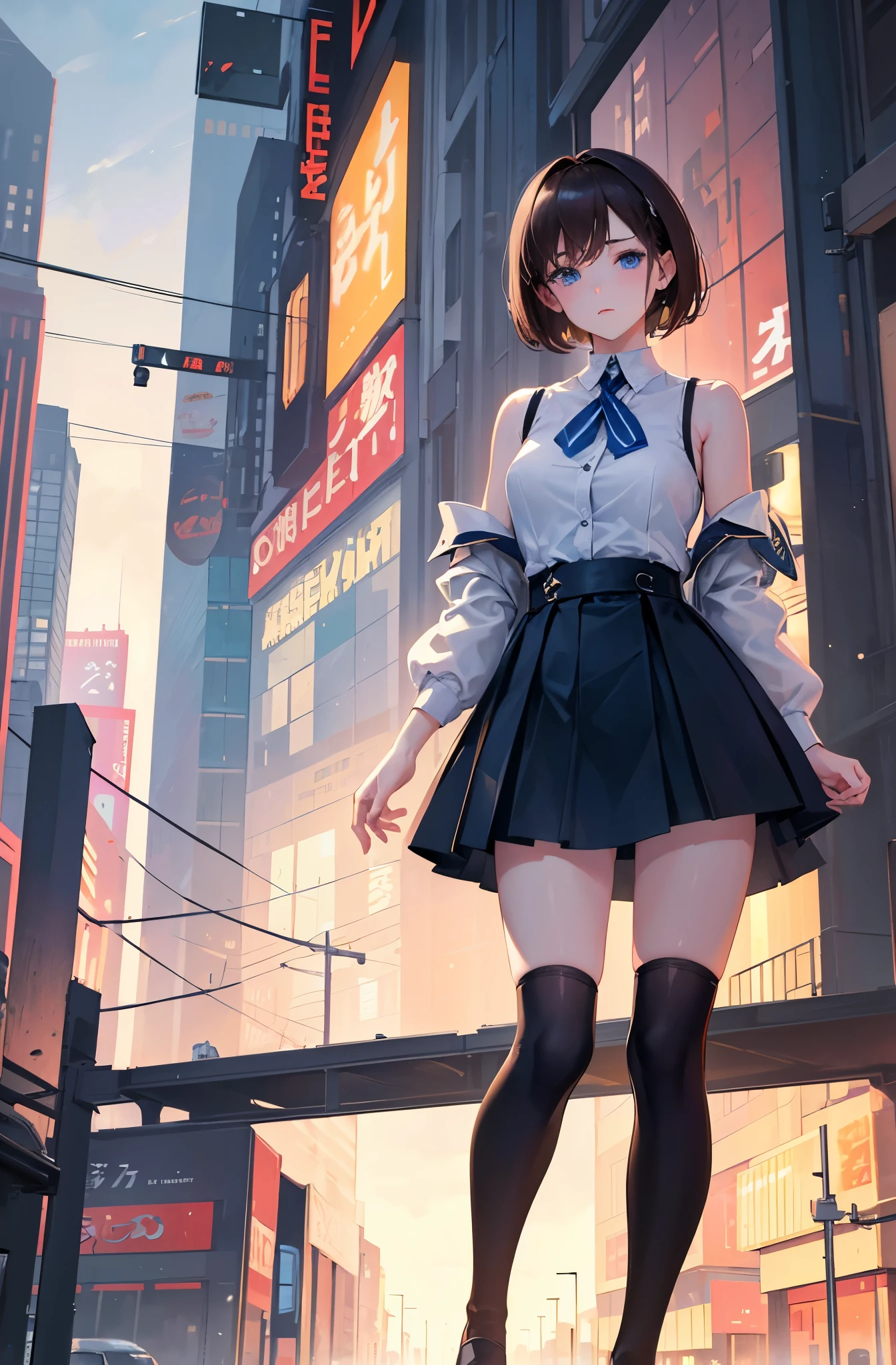 8K, highest quality, masterpiece, super detailed、middle short hair、young face、brown hair、pale blue eyes、medium breasts、perfect hands、detailed hands、knee high socks、off shoulder knit、mini skirt、Tokyo、private server、city、random pose、walking、knee high sockini skirt、random facial expressions