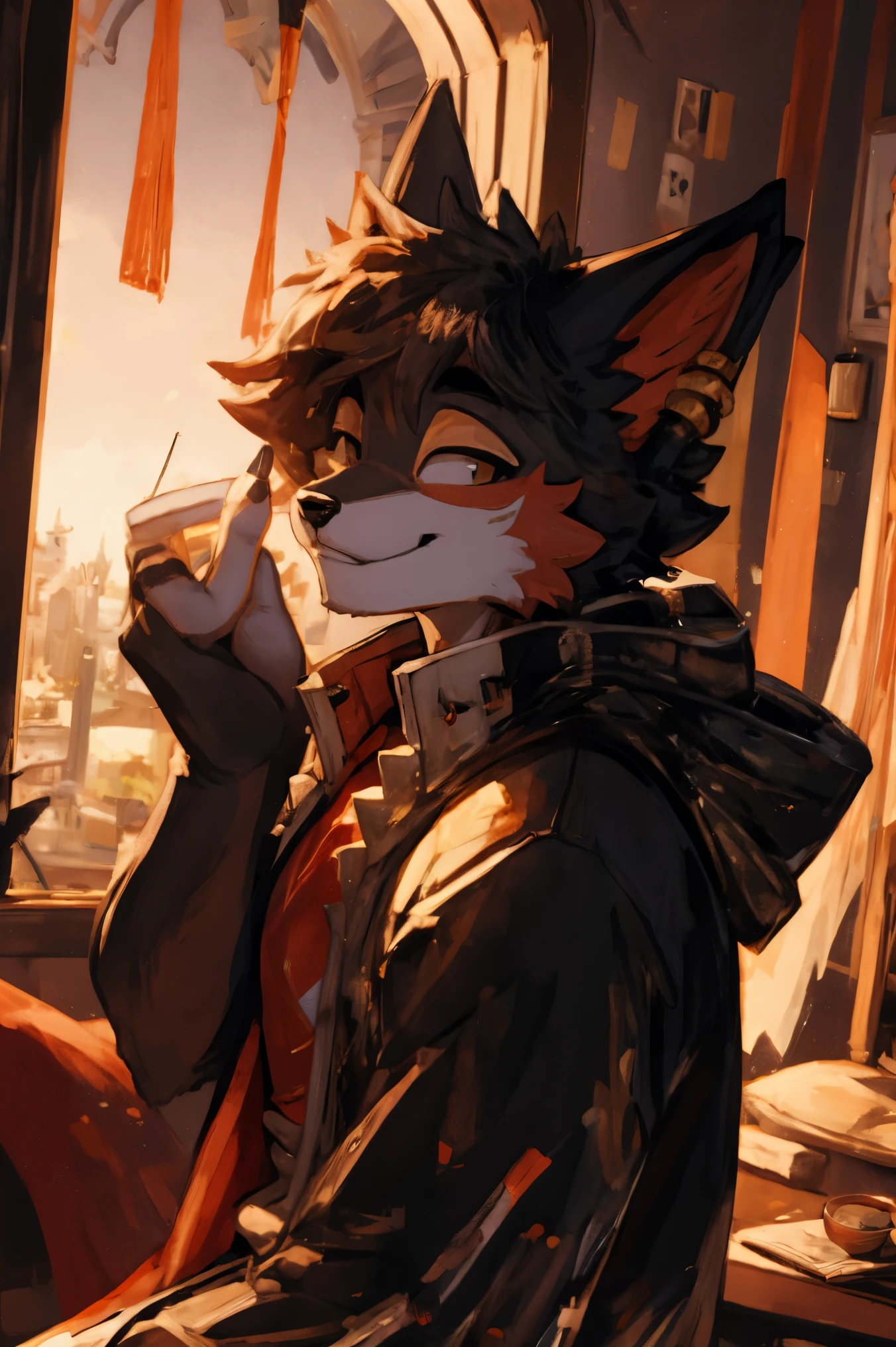 Fox urban style, fluffy fox ears, fox tail, black fur coat, medium breasts, sitting in the bedroom at night, able to face the face, smug face