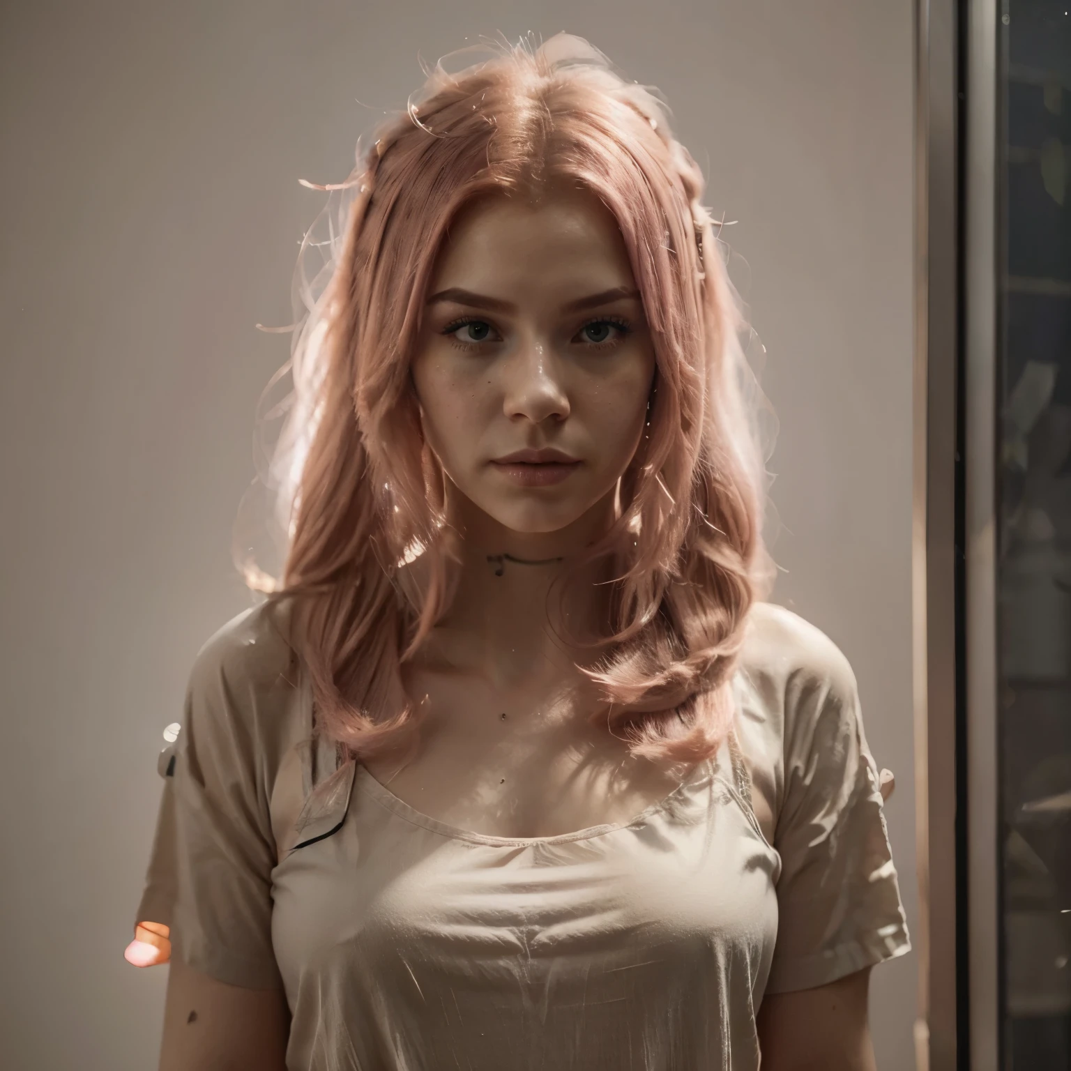pink hair,long hair,single sidelock hairpin blush modern cinematic lighting,ray tracing,drop shadow wide shot UHD,textured skin,high details,best quality 4K