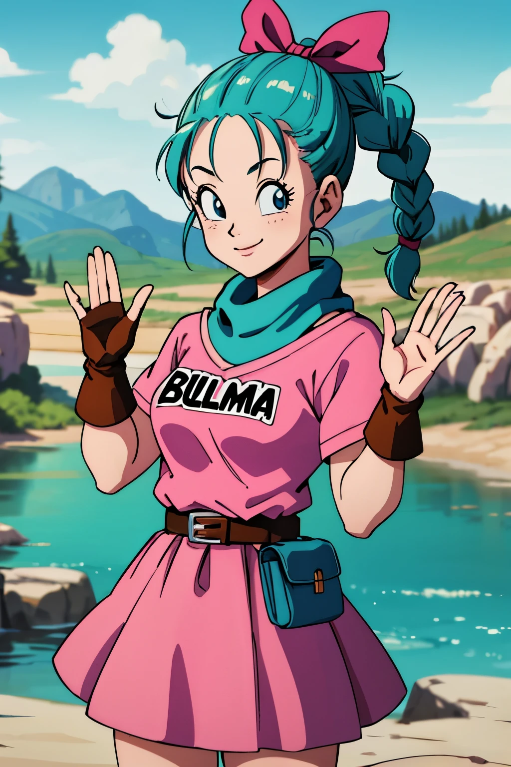 masterpiece, best quality, highres, dragon ball, blmpony, aqua hair, hair ribbon, braided ponytail, pink shirt, belt, scarf, pink skirt, clothes writing, brown gloves, medium breasts, outdoors, cowboy shot, waving, smile , in the river 