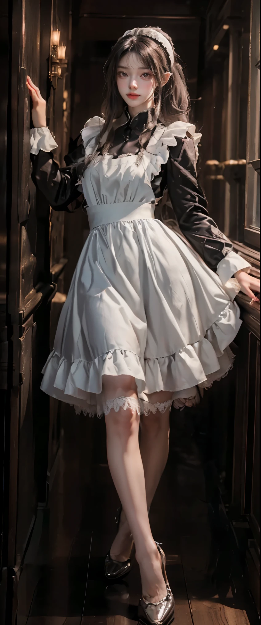 masterpiece、highest quality、High resolution、photorealistic、High resolution、Raw photo、(A maid standing in the hallway of a luxurious mansion)、((1girl、Young woman hiding in the corner of the hallway、detailed face and eyes、beautiful face、ponytail、shiny skin、realistic skin texture、wearing a maid costume、hold a gun、dynamic pose、long sleeve、 big breasts、big ass))、((black maid dress、long sleeve、long skirt、white apron、headdress、high heels))、