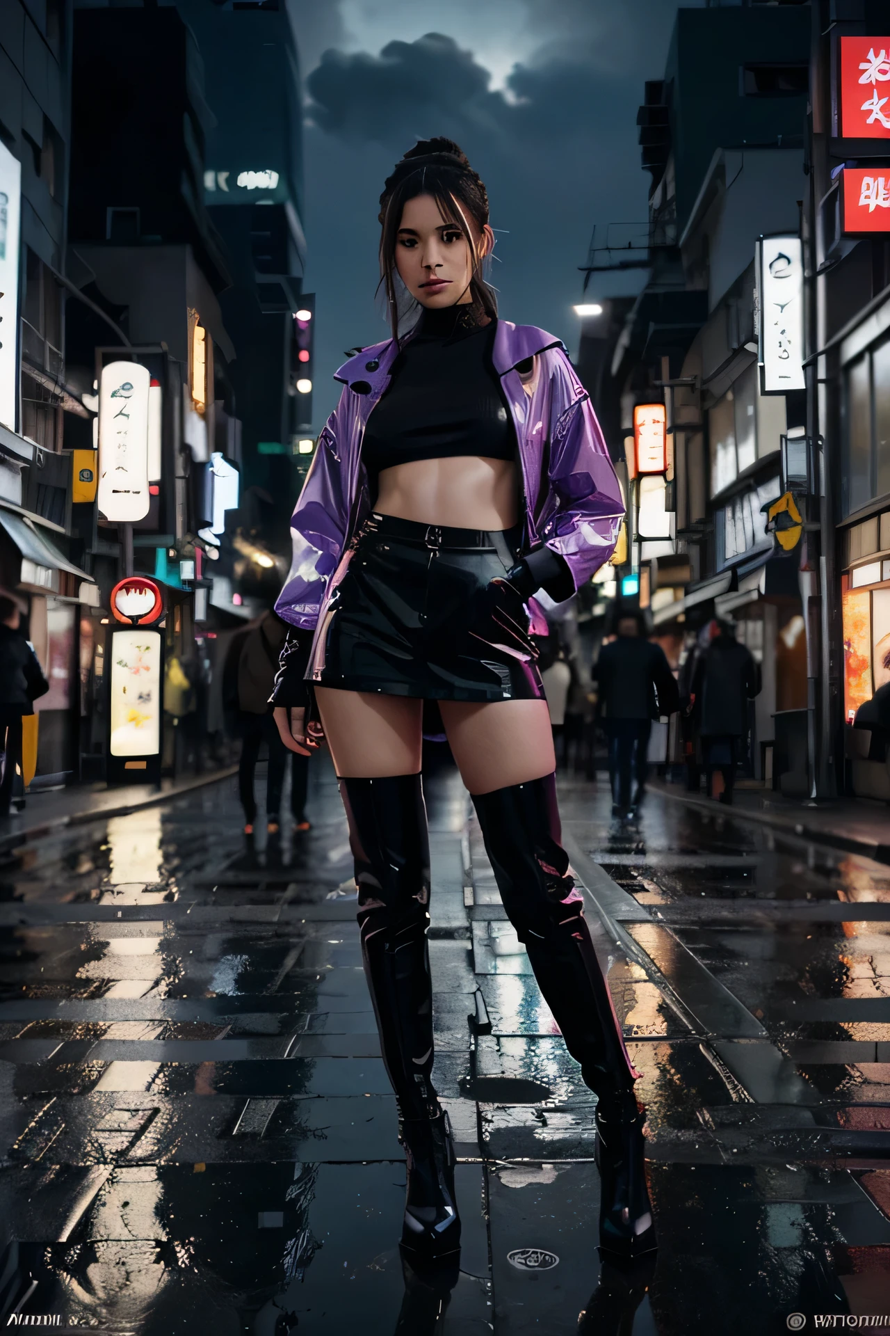 (best quality,4k,8k,highres,masterpiece:1.2),ultra-detailed,(realistic,photorealistic,photo-realistic:1.37),one girl,beautiful detailed eyes,beautiful detailed lips,extremely detailed eyes and face,long eyelashes,anime style,standing,standing in Tokyo rain,model,Japanese,colorful scenery,neon lights,urban cityscape,dark alleyway,futuristic fashion,cute outfit,vibrant colors,misty atmosphere,shiny wet pavement,reflection of city lights,raindrops,umbrella,expressive expression,serene mood,manga influence,artistic background,backlit silhouette,city skyline in the distance,falling cherry blossoms,emotive eyes,dynamic pose,expressive gestures,smooth brush strokes,high contrast lighting,subtle shadows and highlights,dramatic perspective,ethereal ambiance,saturated colors,sharp focus,concept artists