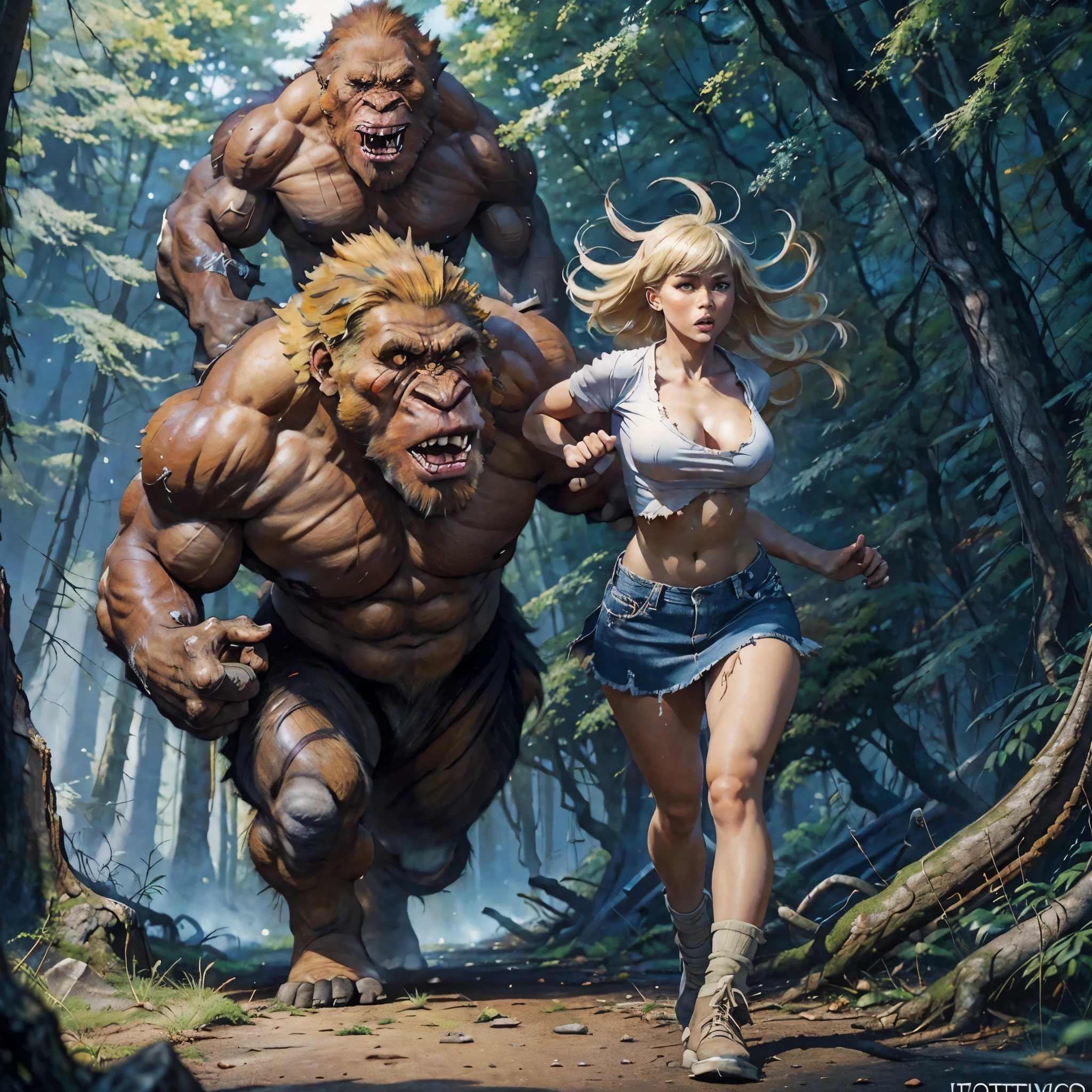 NSFW (1girl, 1monster), long shot, high energy action shot, head to foot, a beautiful, helpless blond woman wearing a torn, white, short-sleeved shirt and shredded blue skirt jeans screams and runs rom a towering, angry, hulking, shaggy, dark brown naked, ape-like bigfoot, with blazing red eyes crashing through the woods, painting in the style of a 60s exploitation paperback illustration