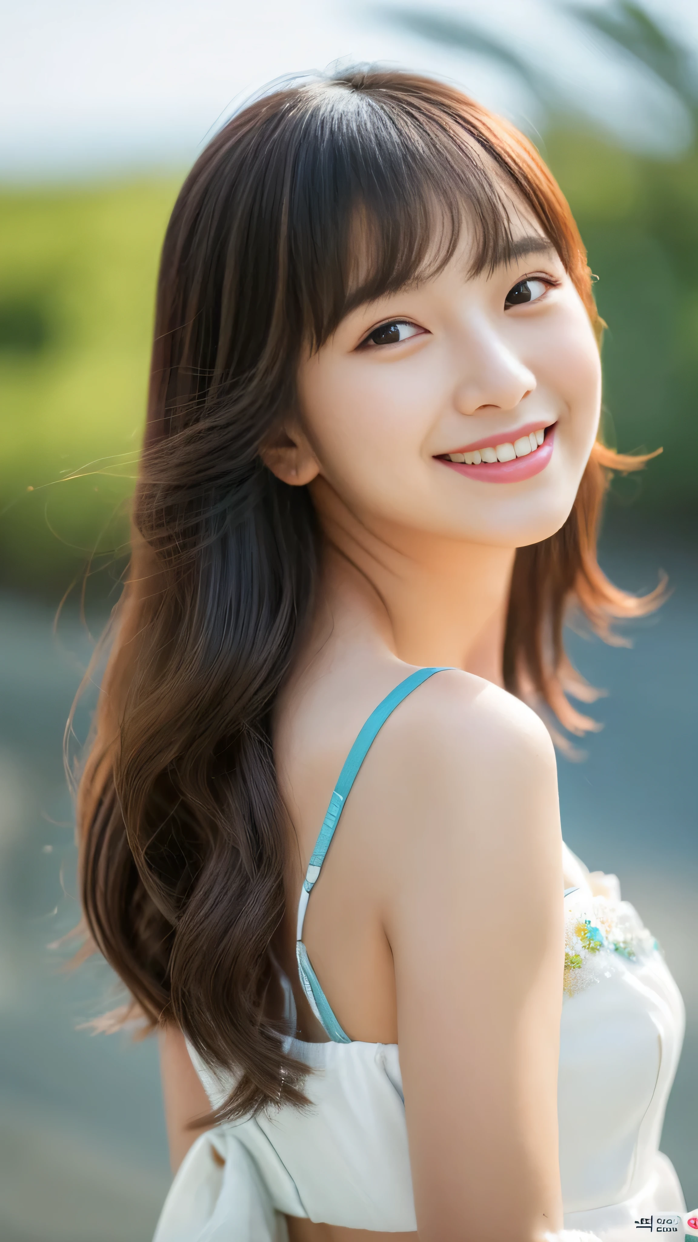 masterpiece, Highest quality, Photorealistic, Very detailed, finely, High resolution, 8k wallpaper, Professional, High level of detail, Female college students having fun on the plateau, Slender Japanese women, ((Look forward)), Collarbone Detail, Mid-chest、Perfect Face, Medium Long Hair, White tank top、A kind smile