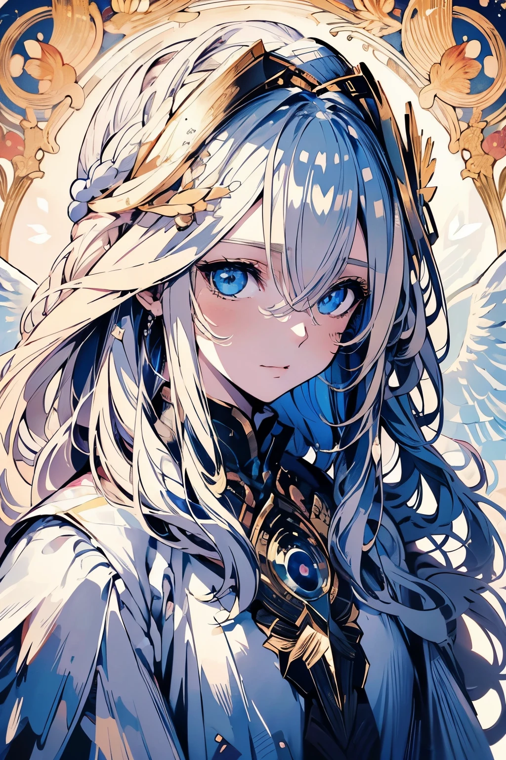 4K quality:1.2,Super beautiful illustration:1.2,Seraph,((6 white wings on the back)),blonde,long hair styles,((beautiful cobalt blue eyes:1.2)),Sky