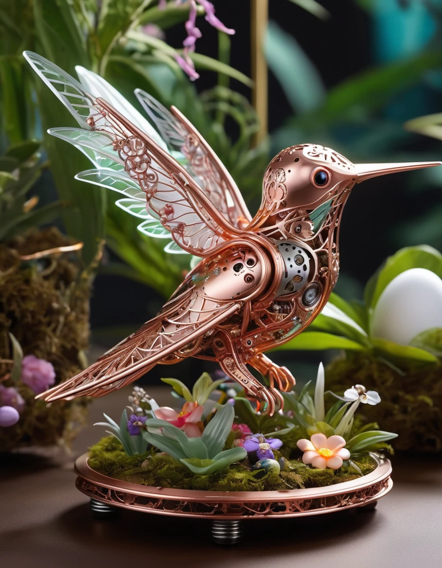 A cute mechanical hummingbird wearing an Easter style costume，Its body is made of exquisite copper and silver parts。Its eyes are like two glowing gems，transparent，Under the illumination of neon lights，Create a sparkling effect together with high-precision mechanical components。Surrounded by exotic plants and Easter eggs，Create a mysterious and fantasy atmosphere。The scene combines traditional Easter themes with a futuristic steampunk style，Hummingbirds&#39; intricate designs and magical garden settings showcased。