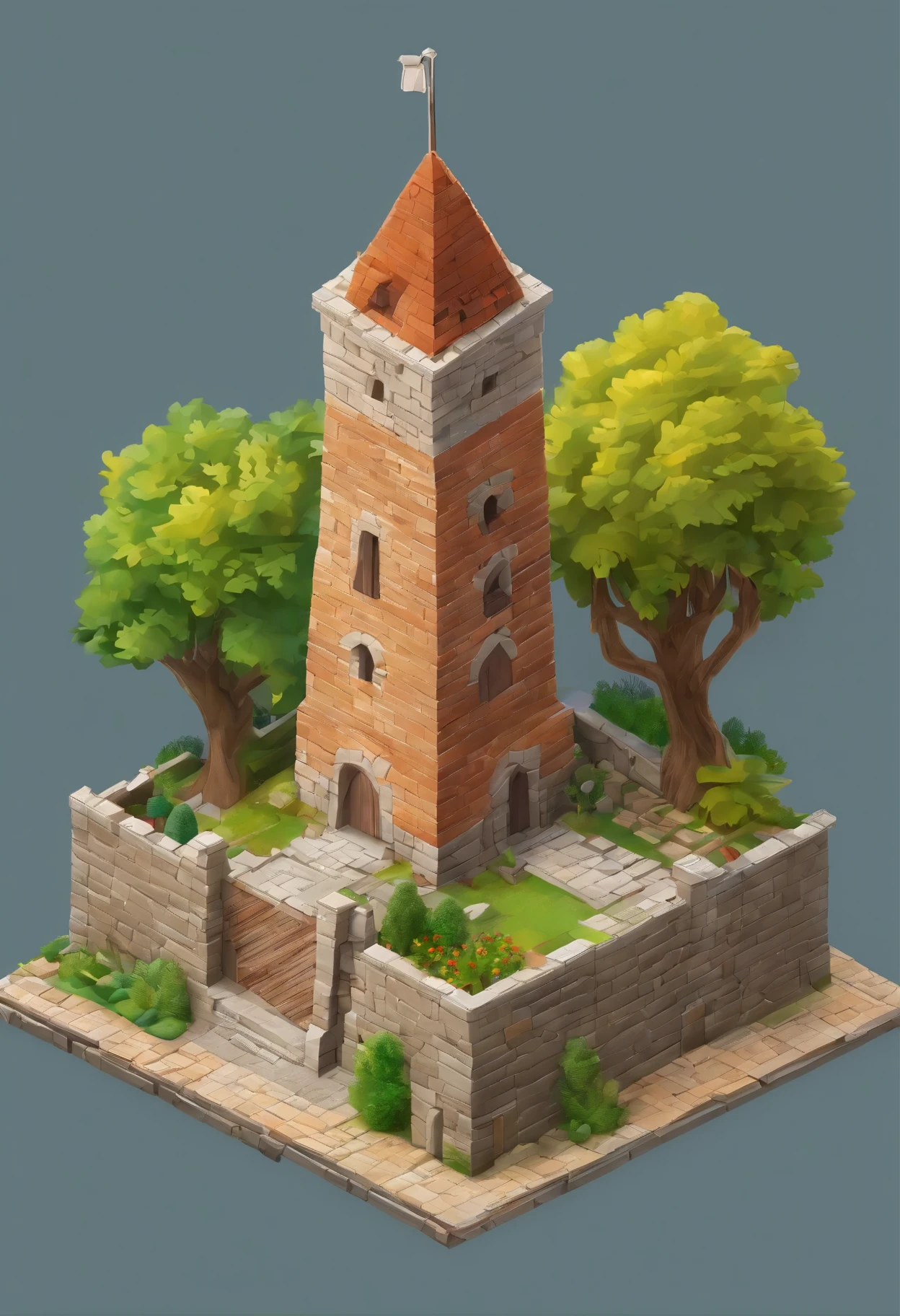 absurdres, best quality, fantasy, isometric, knolling style of (miniature brick round tower:1.2), tree, stone wall, (simple background:1.2)
