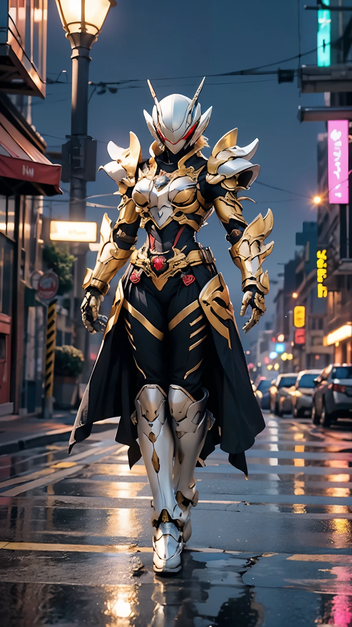 A woman adorned in fantasy-style full-body armor, a crown-concept fully enclosed helmet that unveils only her eyes, a composite layered chest plate, fully encompassing shoulder and hand guards, a lightweight waist armor, form-fitting shin guards, the overall design is heavy-duty yet flexible, ((the armor gleams with a golden glow, complemented by red and blue accents)), exhibiting a noble aura, she floats above the Futuristic city, this character embodies a finely crafted fantasy-surreal style armored hero in anime style, exquisite and mature manga art style, (Queen bee mixed with Spider concept Armor, photorealistic:1.4, real texture material:1.2), ((city night view, elegant, goddess, femminine:1.5)), metallic, high definition, best quality, highres, ultra-detailed, ultra-fine painting, extremely delicate, professional, anatomically correct, symmetrical face, extremely detailed eyes and face, high quality eyes, creativity, RAW photo, UHD, 32k, Natural light, cinematic lighting, masterpiece-anatomy-perfect, masterpiece:1.5
