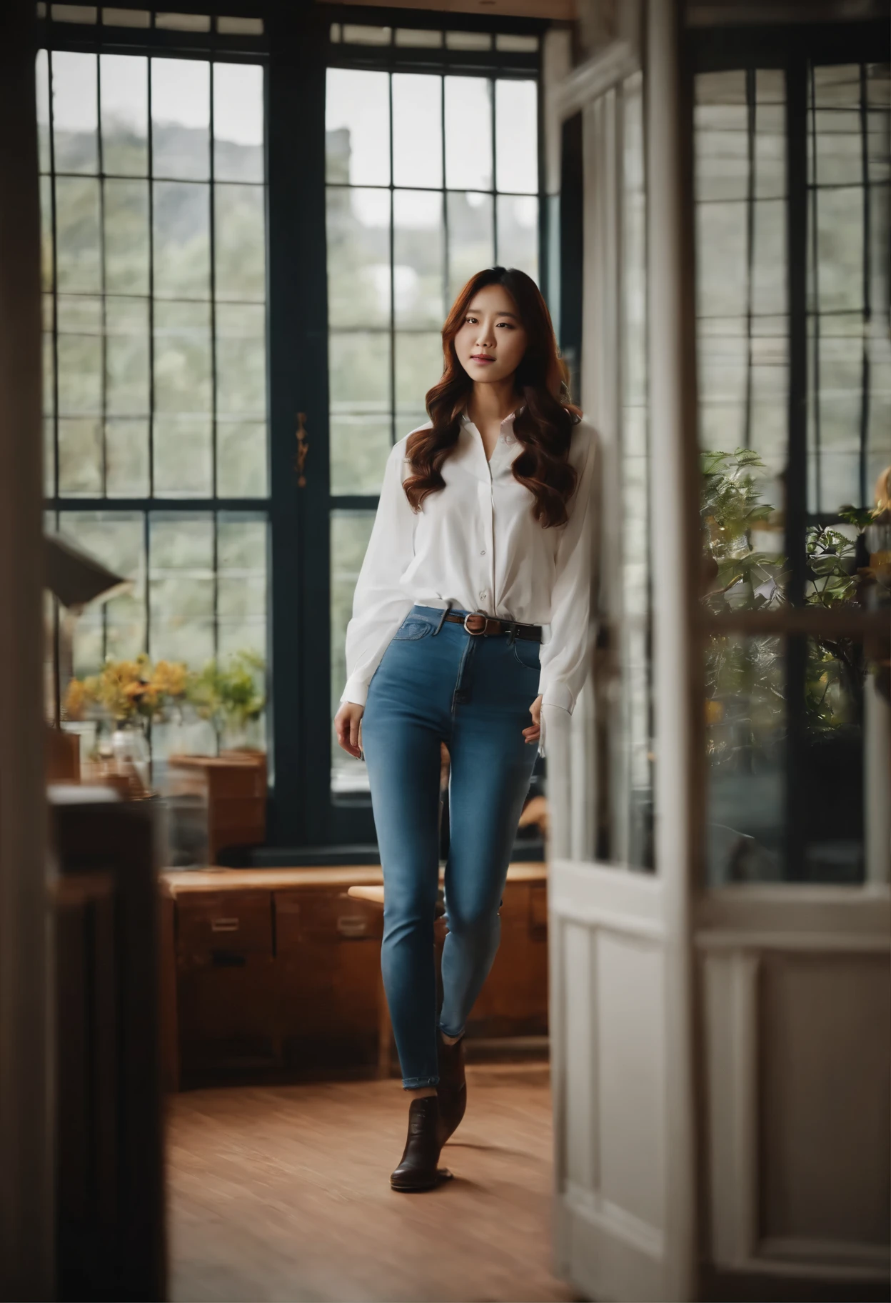 a wavy long haired korean german lady, wearing a white long sleeve and jeans, walking inside the study room, facing the window, looking at the camera