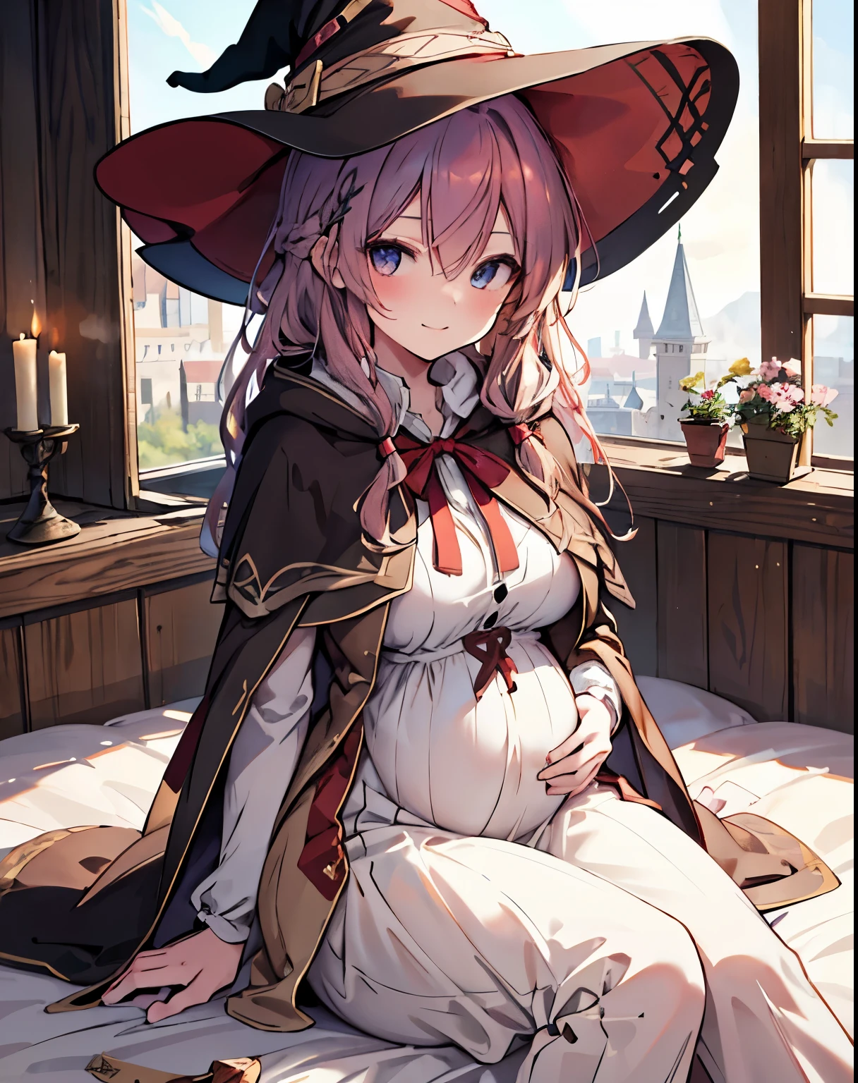 masterpiece,1girl, sparrow, a red haired girl, wearing a medieval villager clothes, curly long hair, messy hair, slim body, wearing hair ribbon, wearing brown capelet with hoody, big breasts, she close her left eye, shirt ornament, ****ppai, seductive expression, beautiful breasts, rounded breasts, crimson eyes, dress, sit in medieval bed, seductive smile, breast armor, braid hair, invite to sit together, brown vest, pregnant, witch hat