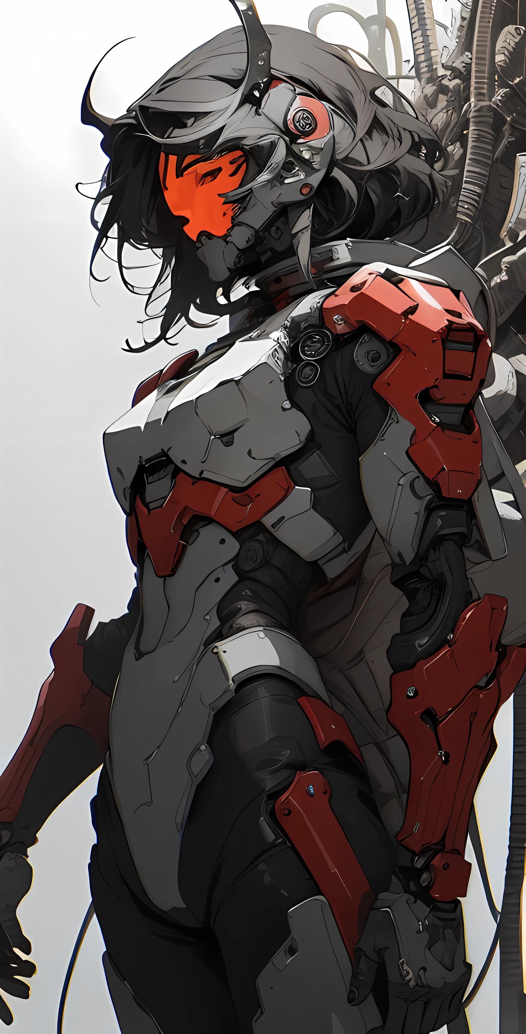 a close up of a female deity with a black and red biomechanical body, black and white void space, mix of magic and science, magic, science, black and red biomechanical details, silver tracing around some armor pieces, great character design, white biomechanical details, red mecha, highly detailed exquisite art, intricate red armor, no face, halo of energy over his head, 