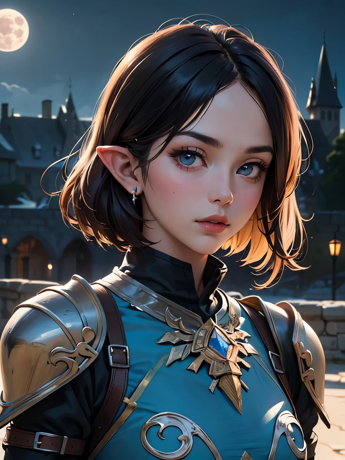 (((Best Quality))), ((Ultra-detailed)), (extremely detailed photo), ((extremely delicate and beautiful)),(Cute delicate face), ((masterpiece)), perfect anatomy, intricate, (highly detailed), masterpiece, photorealistic, (A 20 years old dignified girl),(blue and black armor), (Hyrule Castle in the background), ((crimson full moon night)),(upper body),(holding glowing weapon),tall girl,black hair,alone,short hair, looking at viewer, double eyelid,delicate skin,slender body shape,more_details:-1, more_details:0, more_details:0.5, more_details:1, more_details:1.5
