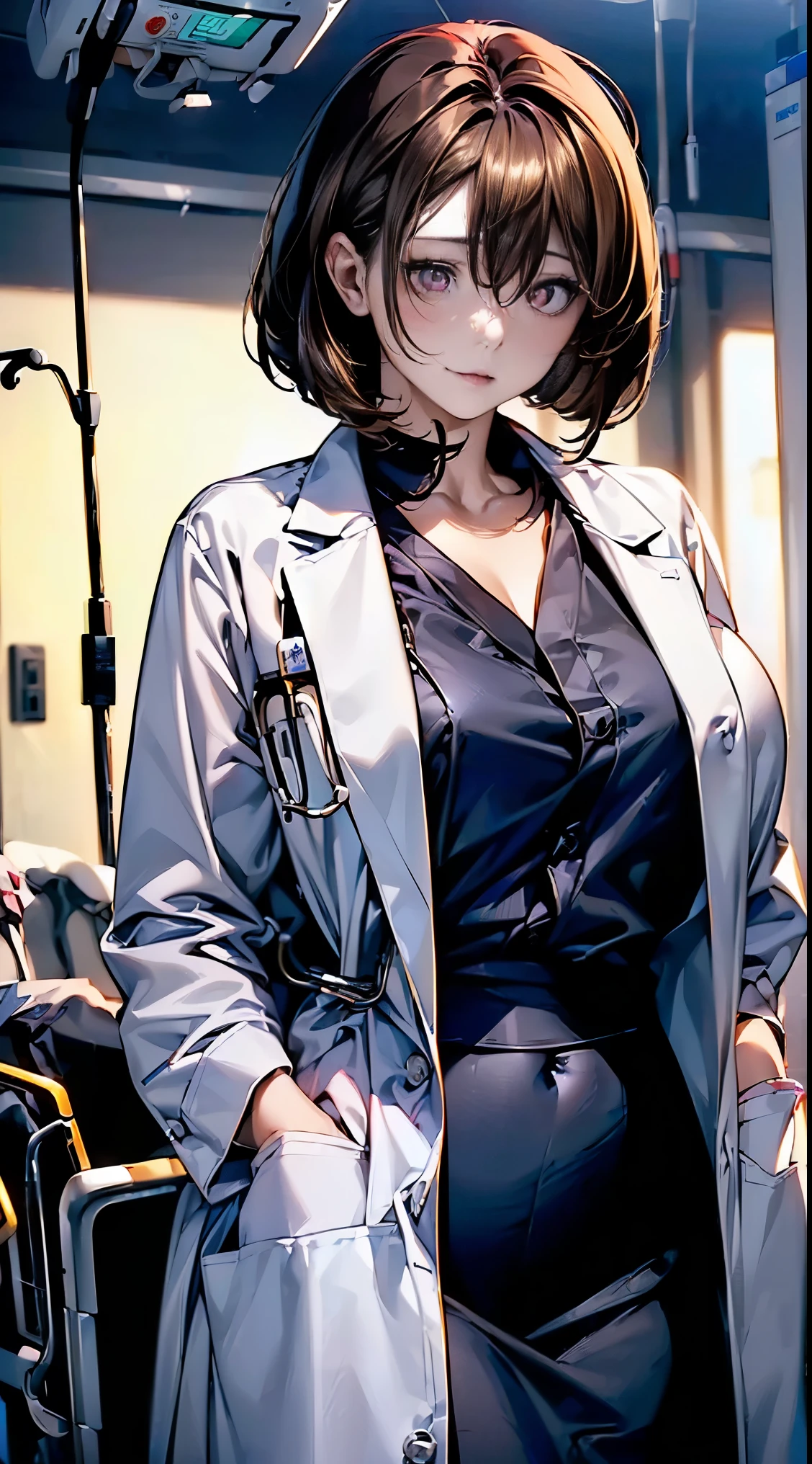 ((１people&#39;s women:1.4)), realistic beautiful doctor、amazingly beautiful、((doctor&#39;s white coat:1.8, collared shirt))、(highest quality、8k、32K、masterpiece、nfsw:1.3)、超A high resolution,(Photoreal:1.4),RAW photo, detailed face,,beautiful hair, ((doctor style)), , black tight skirt、 natural makeup,, big and full breasts、(hospital:1.9), detailed background, perfect lighting, Depth of written boundary, beautiful shadow gradation,Stethoscope:1.7, ((strong shining eyes:1.6)), While tying your hair:1.4, ((medium bob:1.6, brown hair))