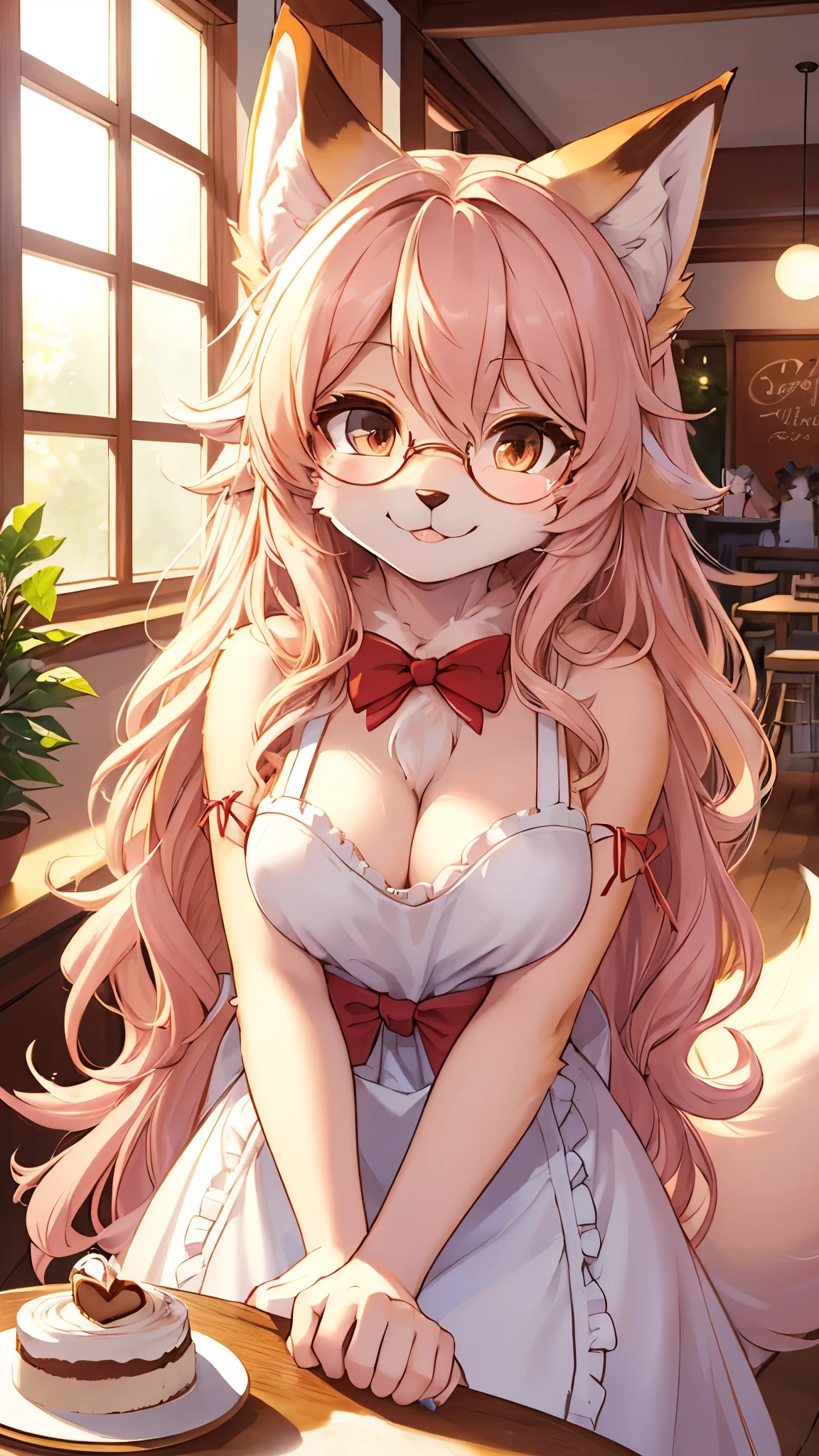 best quality,best resolution,(fluffy anthro furry :1.6),fox girl,medium breasts,yellow long hair,wavy hair,messy hair,white fur,naked light pink apron with gold line,round glasses,cleavage,red ribbon bowtie,beautiful coffee cafe,white sunlight,enjoy face,looking at viewer,smile,heart eyes,serving coffee and cake in plate