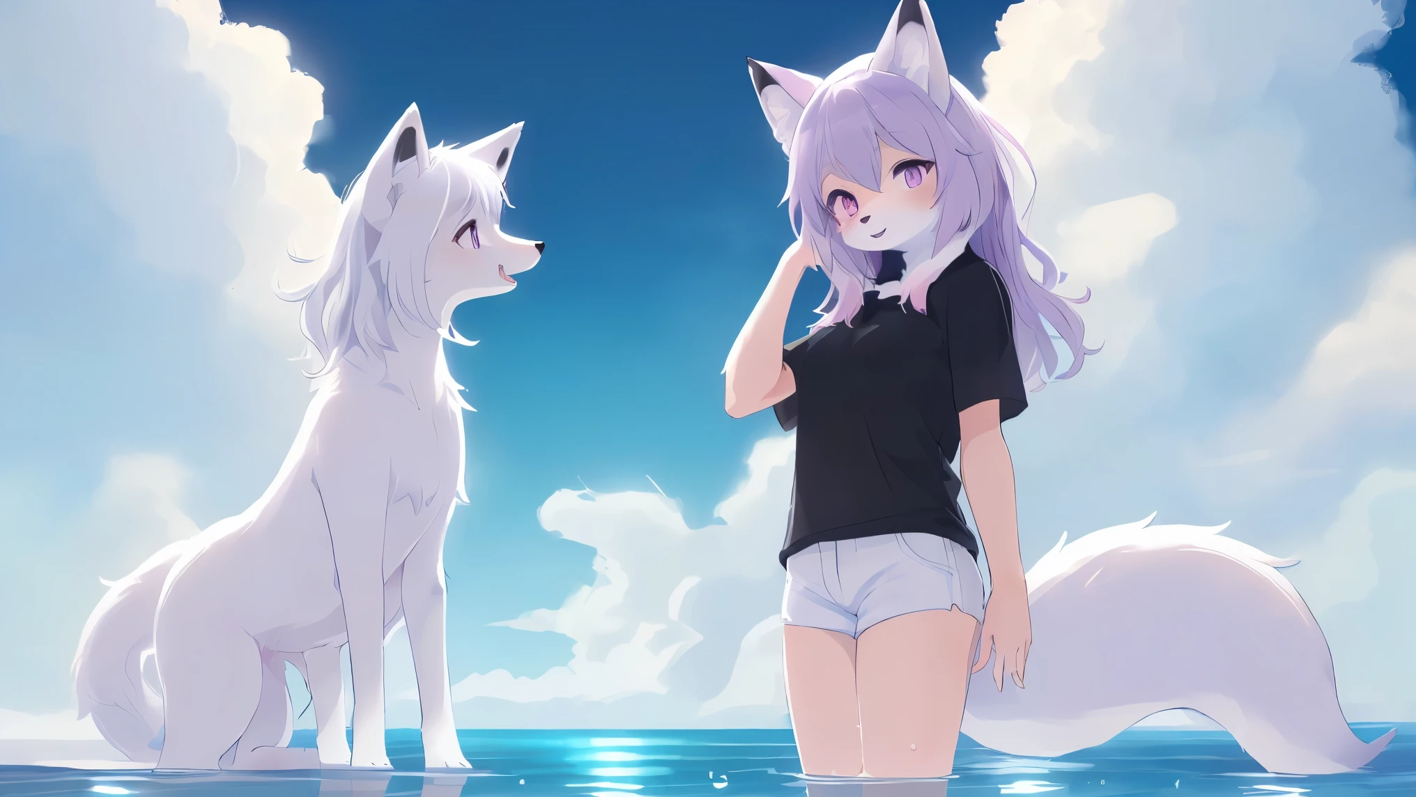 Anthro cute (Arctic fox:1.35), (white wavy hair with layered), ((realistic painted by Azuma Minatsu and Dagasi)), (pure water, realistic water:1.45), (blue sky background), (white t-shirt with short pant), (((standing on the surface of the water:1.5))), 8k, (ultra high resolution, high definition:1.2), (masterpiece art:1.0), (best photographer:1.0), (bright eye:1.2), (light purple pink eyes with black iries), dramatic lighting, (extremely detail image:1.3), ((white fluffy fur:1.15)), ((female, feminine)), cinematic, (side portrait photography scene shot by Annie Leibovitz), (cloud:1.3), (in status: happy)