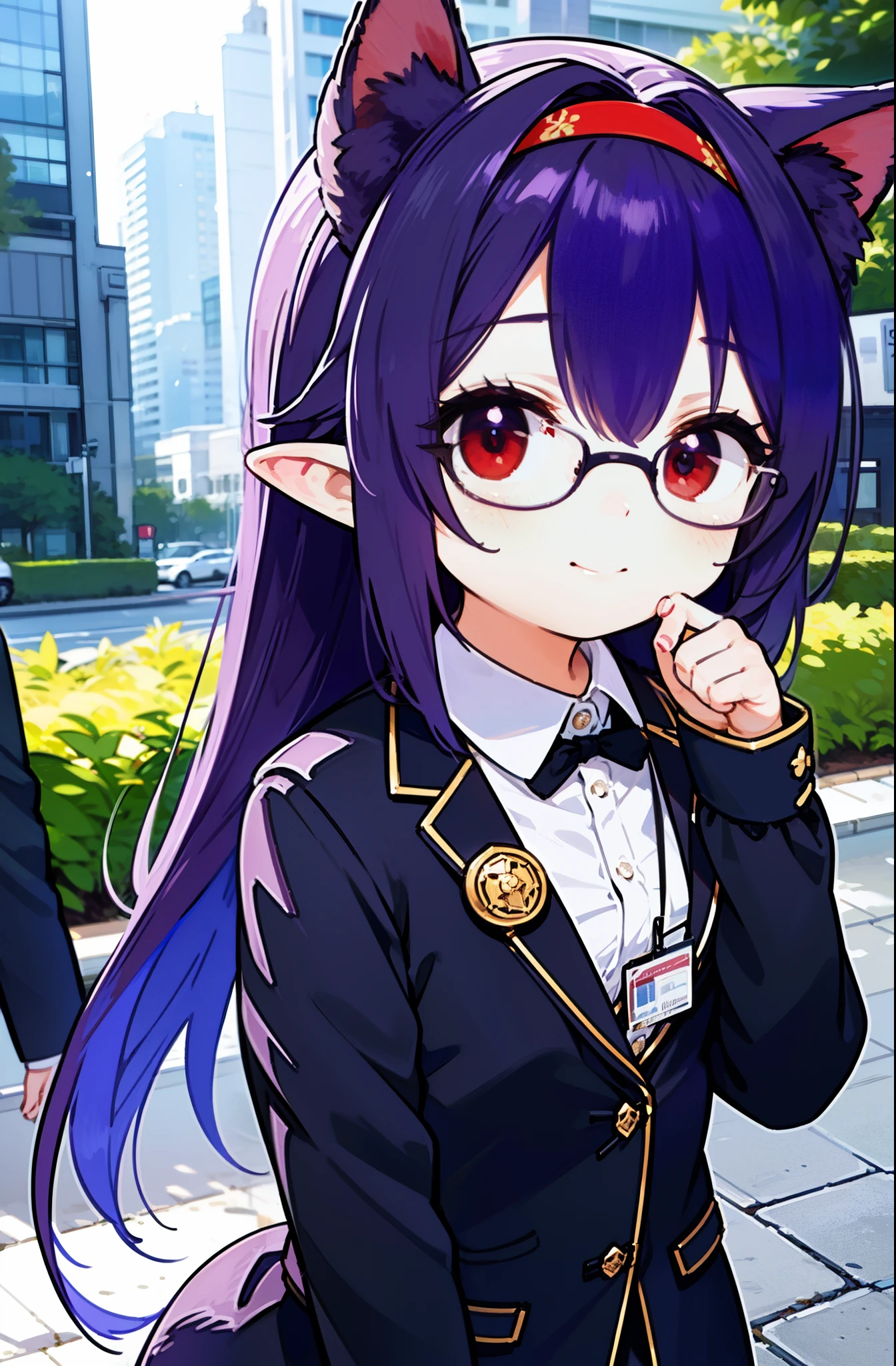 yuukikonno, Yuki Konno, hair band, long hair, pointy ears, purple hair, (red eyes:1.5), (small breasts:1.2), close your mouth,animal ears dog ears,animal tail dog tail,OL, red glasses, end, black suit jacket, collared jacket, white dress shirt, collared shirt, neckline, button, strap, ID card on the neck, black pencil skirt, black pantyhose, smile, blush, morning,morning日
break looking at viewer, Upper body, whole body,
break outdoors, city,building street,
break (masterpiece:1.2), highest quality, High resolution, unity 8k wallpaper, (shape:0.8), (beautiful and detailed eyes:1.6), highly detailed face, perfect lighting, Very detailed CG, (perfect hands, perfect anatomy),