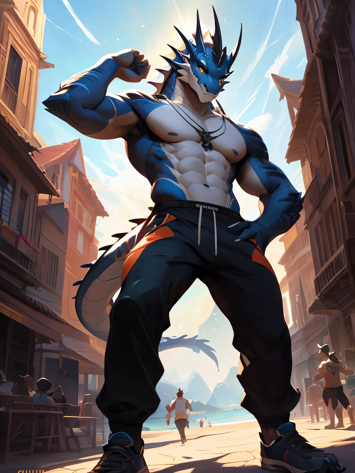 4k, ,8K, A high resolution, best quality, perfect colors, perfect shadows, perfect lighting, posted on e621, (by Chunie, by canyne khai, by t.y.starale), male, furry, a hybrid of goldfish and dragon, Lee (/arknights/) anthro, black scales, he has the fins and scales of a carp, solo, yellow eyes, (Realistic eye details 1.2), beach, wearing tank top, wearing jogger sweatpants, Full body like, Slim body, abs, dramatic lighting, soft lighting, day, highly detail, Hair coiled, delight, Standing up position, cool pose charm, Abstract beauty, centre, nearing perfection, Dynamic, highly detailed, illustration, (Realistic background), ((Bonifasko lighting)), (Detailed eyes), perfect pupils, detail eyes, detail scales, (seductive face:1.2), fit body, fit body, perfect male figure, Detailed scale, Detailed face, Perfect face, Detailed background, (Complex), (Super Detail), (Ultra Clear), (Best Quality)