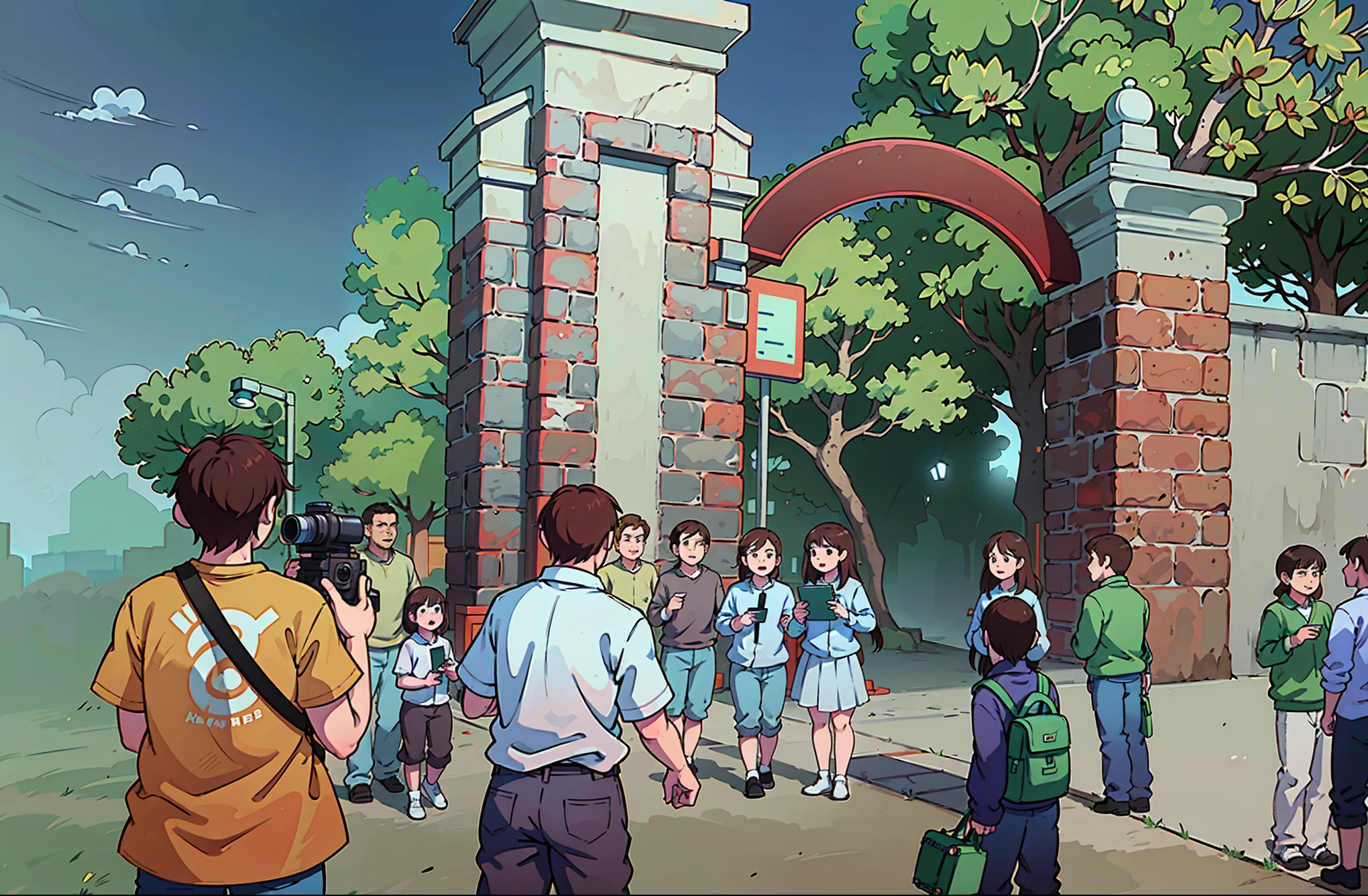 Comics，Three people at the school gate are holding books in their hands，camera shot