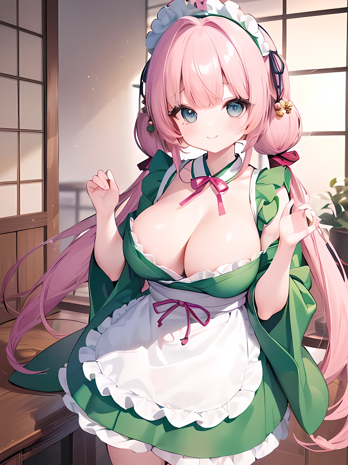 masterpiece,highest quality,(Super detailed),written boundary depth,perfect sentence, Detailed CG,Super detailed,(highly detailed eyes,very cute face,highly detailed face:1.3),beautiful anime girl,(solo girl:1.9),(super huge breasts:1.9),(pink hair,low twin tails:1.5),(light blue eyes:1.3),(smile full of joy:1.3),open your mouth,show viewer,break,(Japanese style maid,green kimono,ruffle apron:1.5),maid headdress,off shoulder,removable sleeve,bell ruffle sleeves,mini skirt,high socks,taisho roman,coffee shop,Kyoto background,Are standing,(Raise one hand to head height:1.5),(cowboy shot:1.3) 