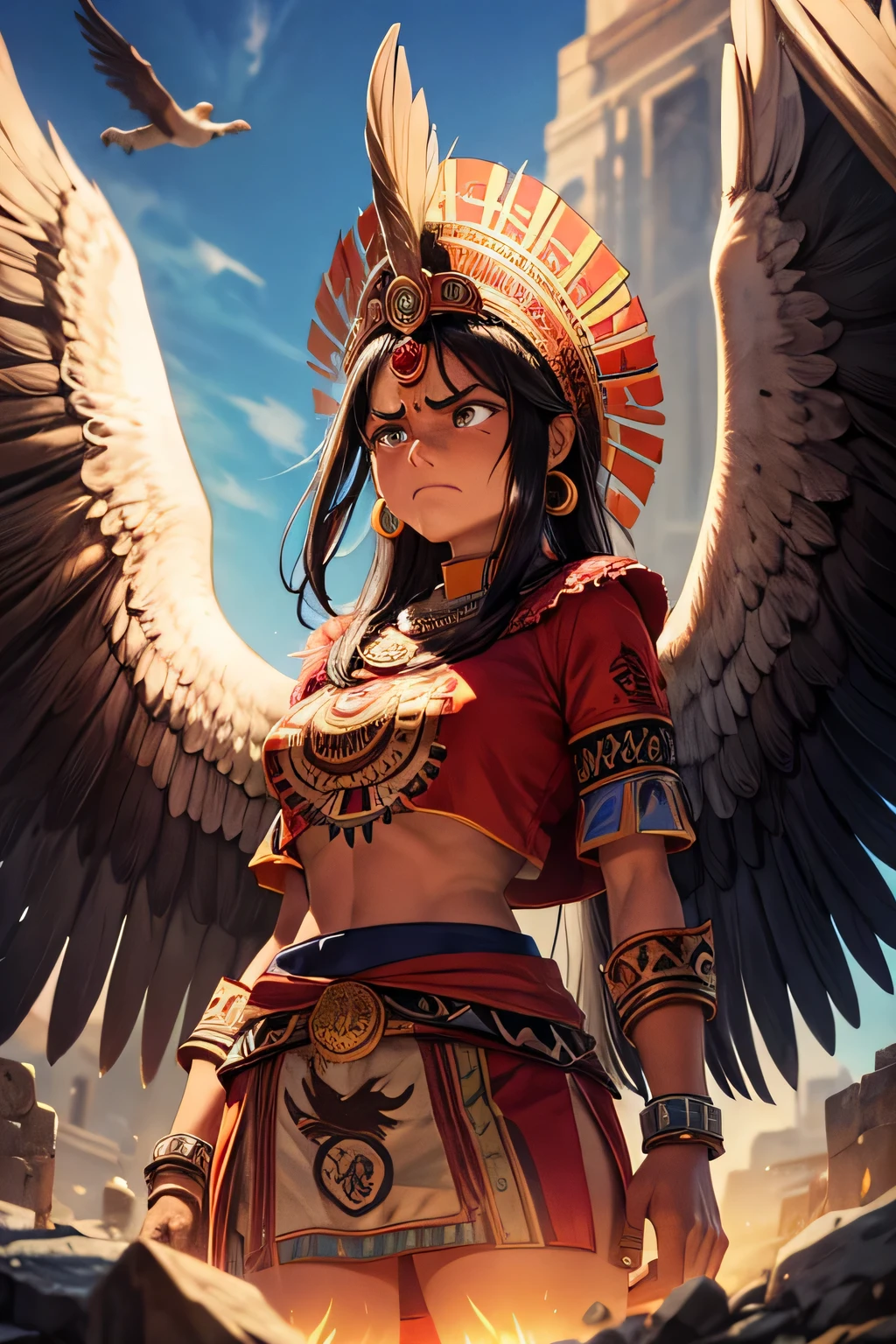 Aztec woman full of anger with tears in her eyes behind her stands a giant eagle 