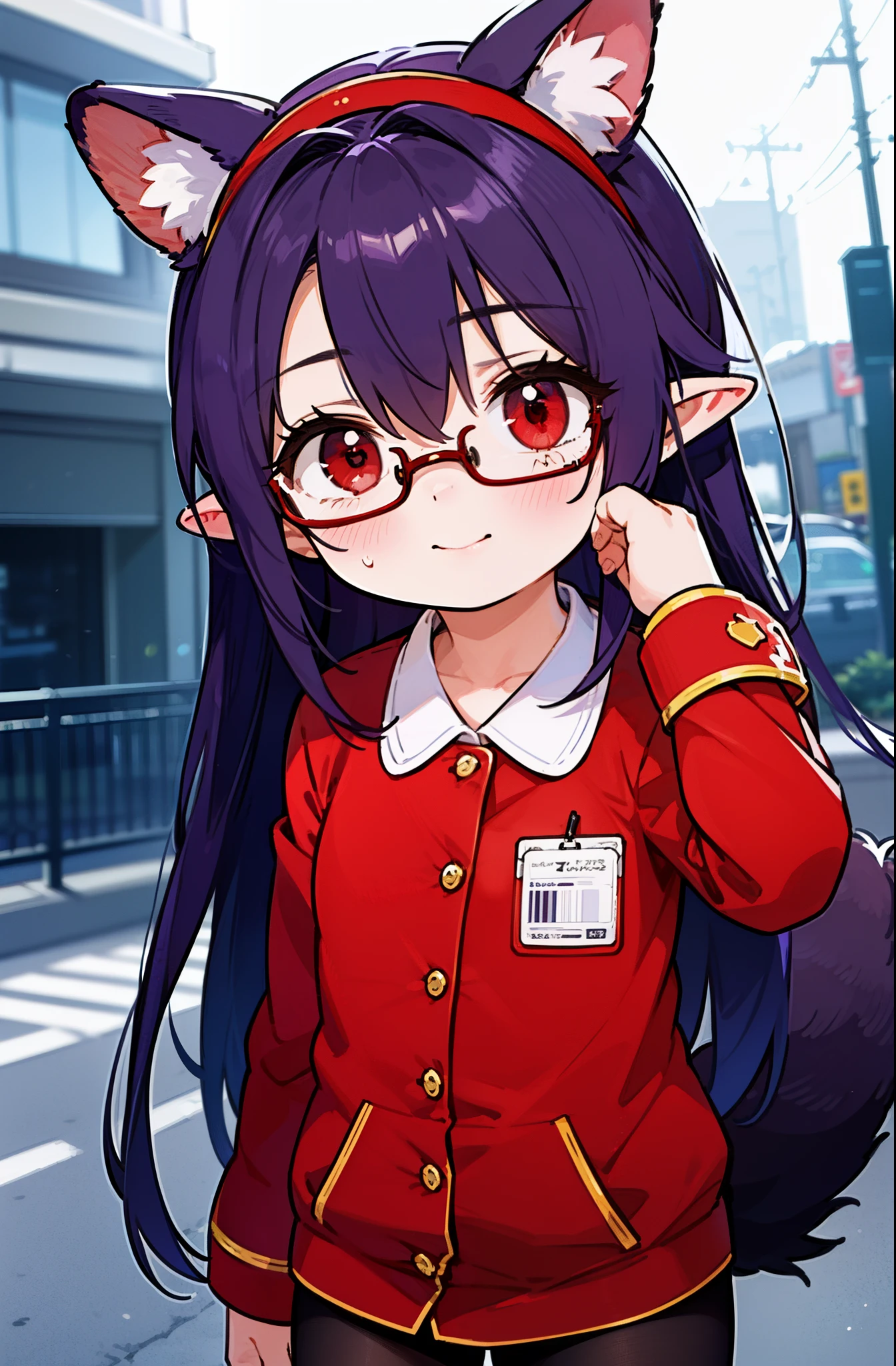 yuukikonno, Yuki Konno, hair band, long hair, pointy ears, purple hair, (red eyes:1.5), (small breasts:1.2), close your mouth,animal ears dog ears,animal tail dog tail,OL, red glasses, end, black suit jacket, collared jacket, white dress shirt, collared shirt, neckline, button, strap, ID card on the neck, black pencil skirt, black pantyhose, smile, blush, morning,morning日
break looking at viewer, Upper body, whole body,
break outdoors, city,building street,
break (masterpiece:1.2), highest quality, High resolution, unity 8k wallpaper, (shape:0.8), (beautiful and detailed eyes:1.6), highly detailed face, perfect lighting, Very detailed CG, (perfect hands, perfect anatomy),
